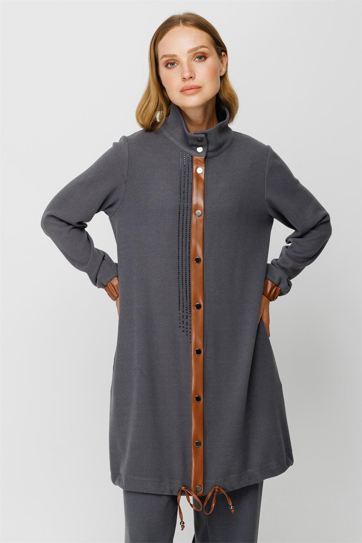 Fitilli Örme Kumaş Swarows Taş Detaylı Pantolon Giy Çık Takım  Antrasit