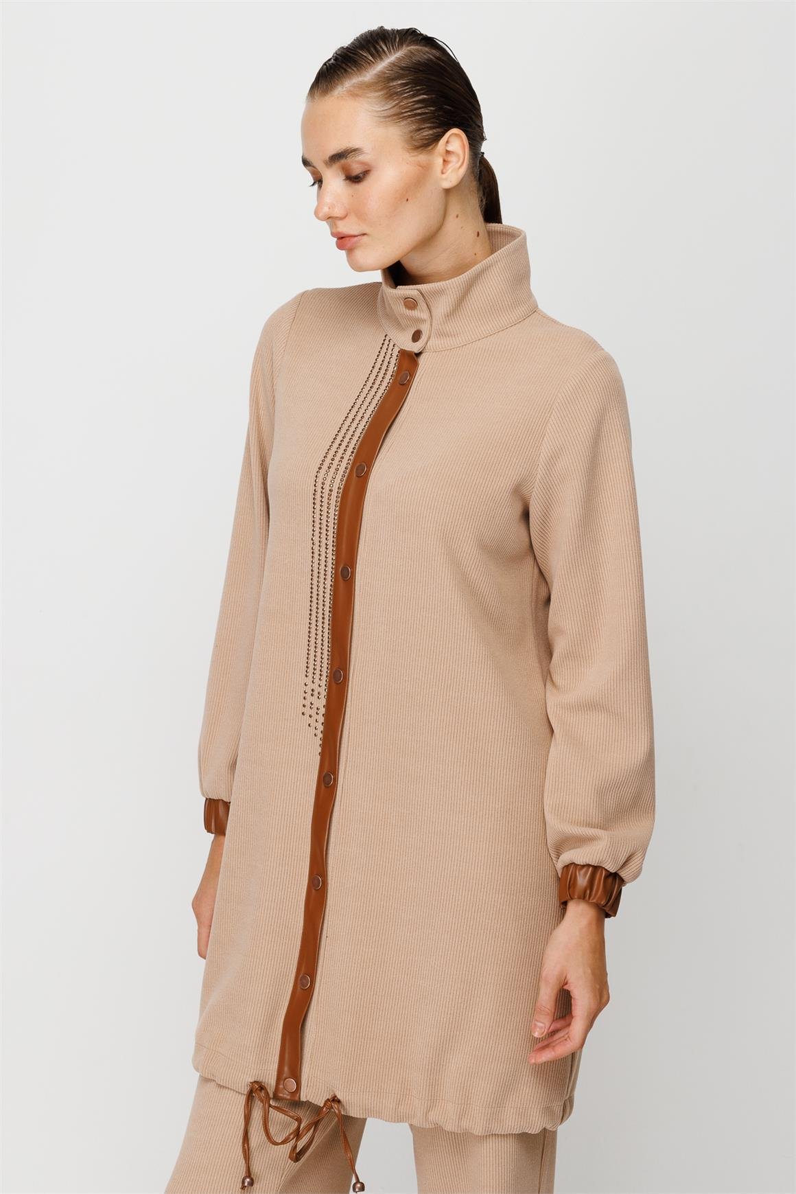 Fitilli Örme Kumaş Swarows Taş Detaylı Pantolon Giy Çık Takım  Vizon