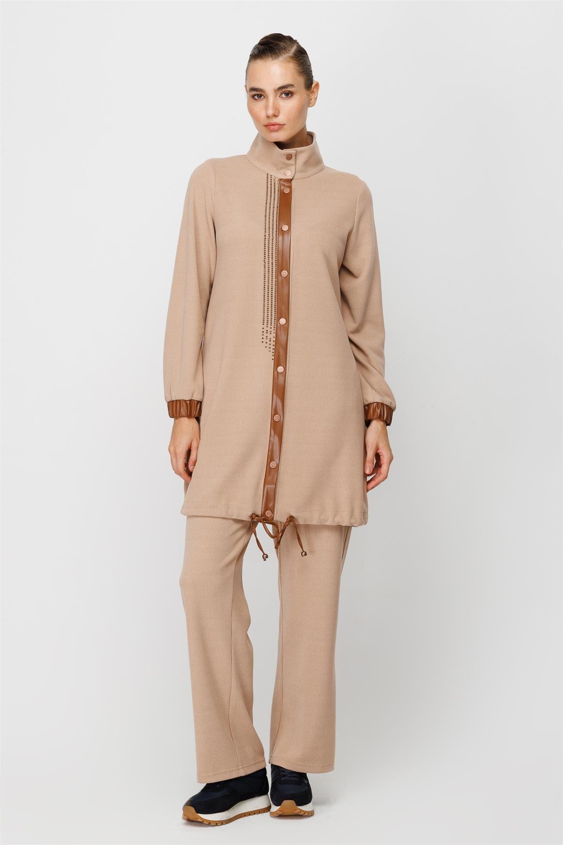 Fitilli Örme Kumaş Swarows Taş Detaylı Pantolon Giy Çık Takım  Vizon