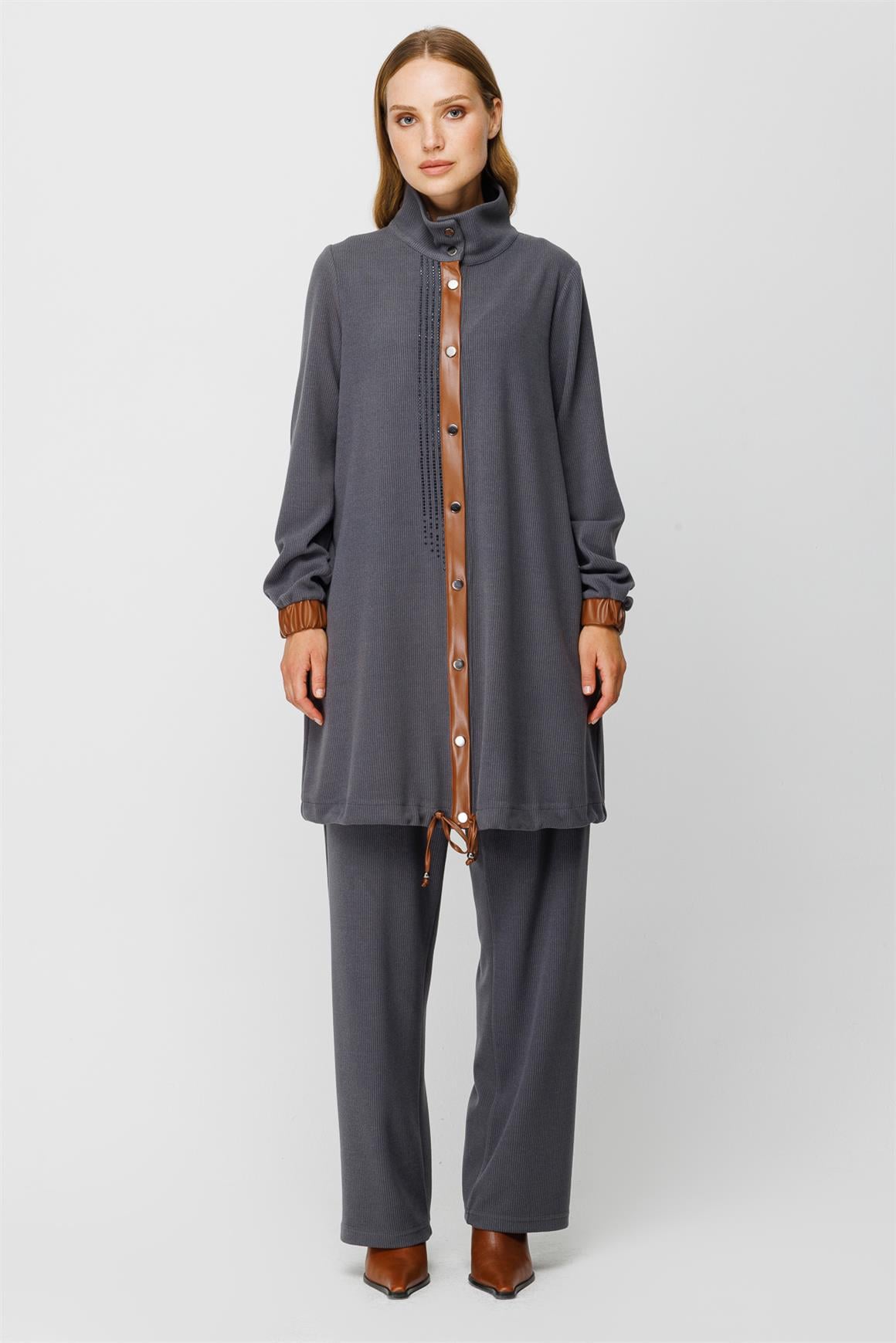 Fitilli Örme Kumaş Swarows Taş Detaylı Pantolon Giy Çık Takım  Antrasit