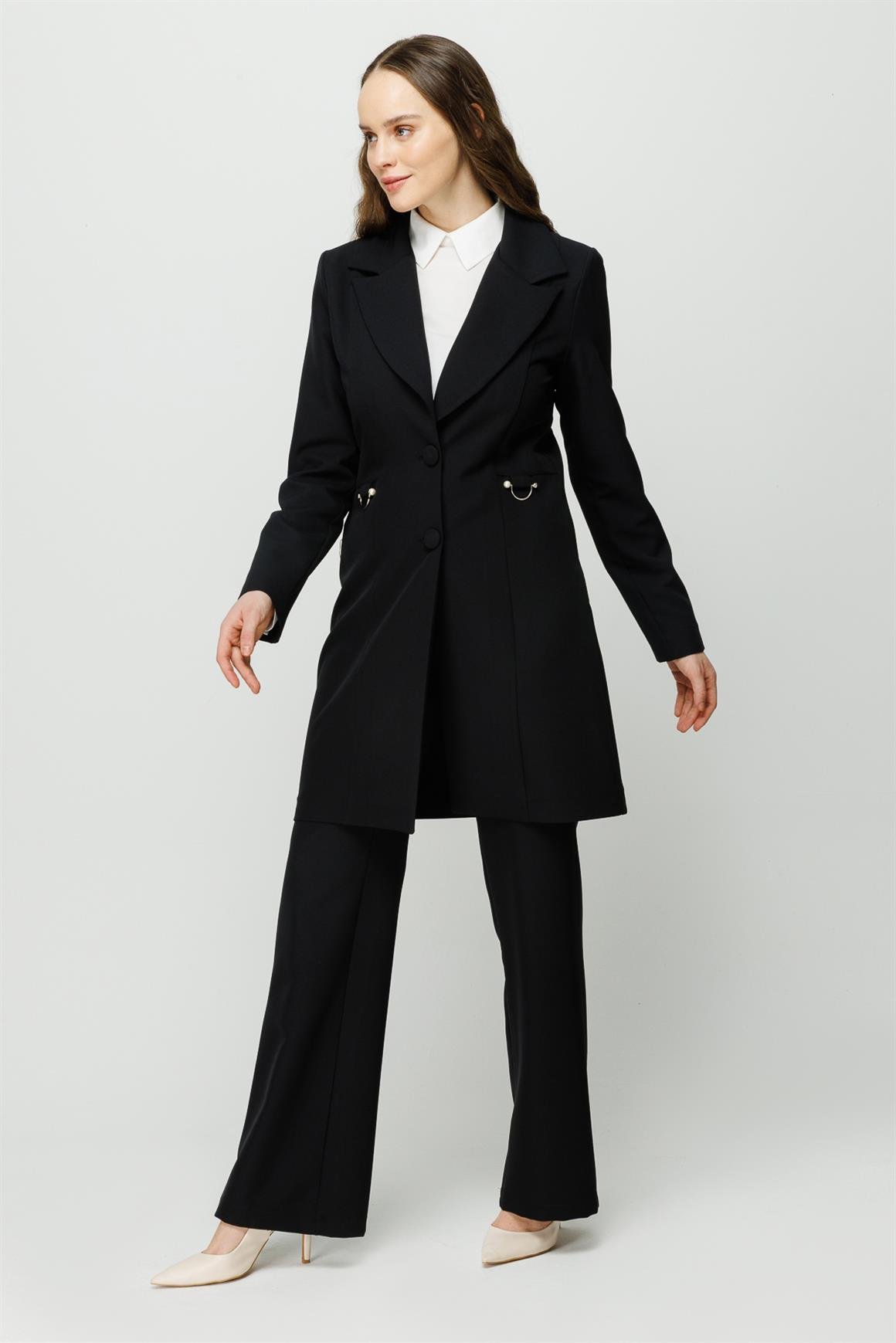 Pearl Accessory Detailed Trouser Jacket Set - Black