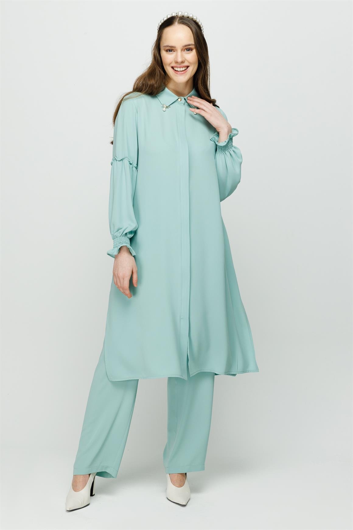 İnci Detaylı Kolları Büzdürme Detaylı Pantolon Tunik Takım  Mint