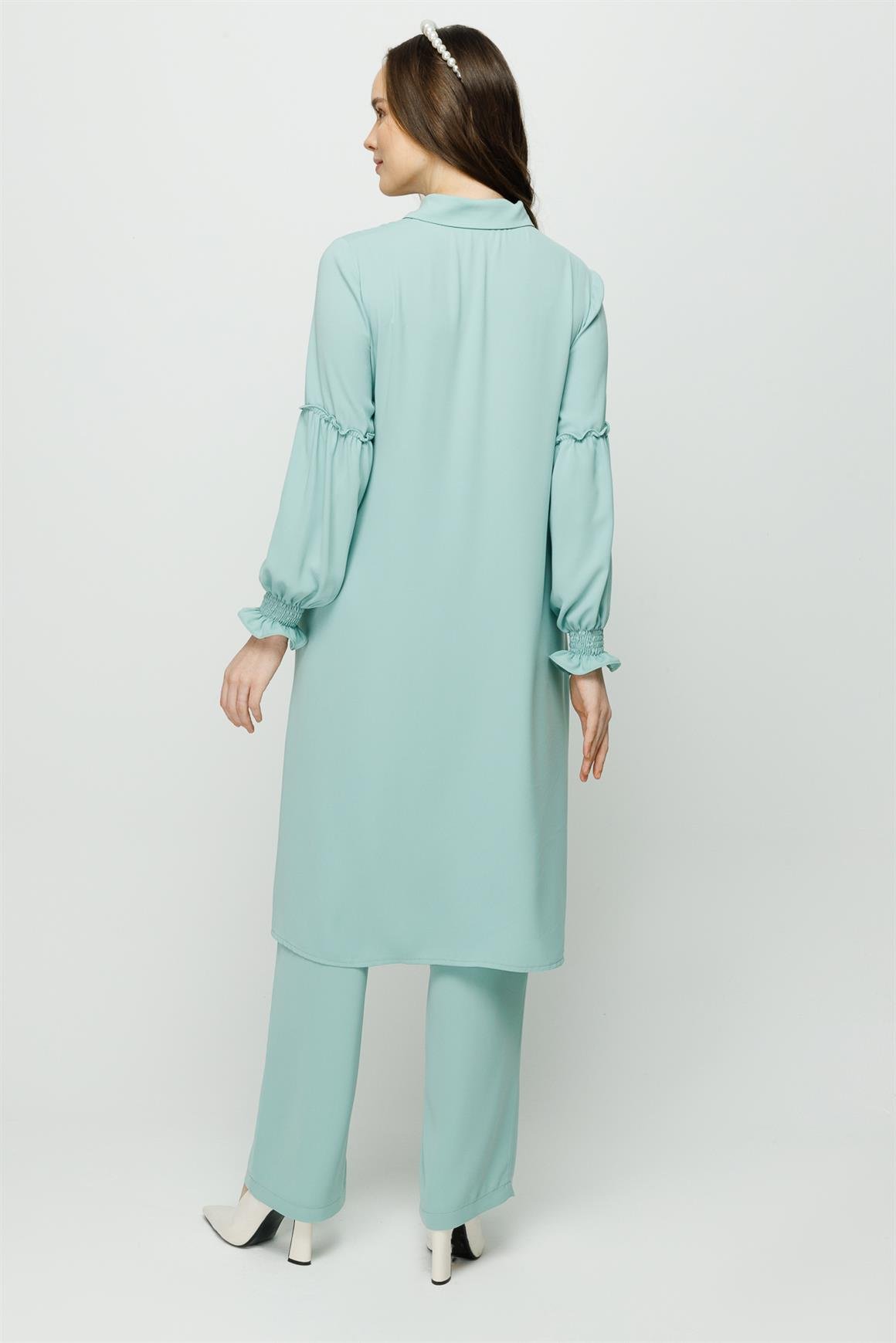 İnci Detaylı Kolları Büzdürme Detaylı Pantolon Tunik Takım  Mint