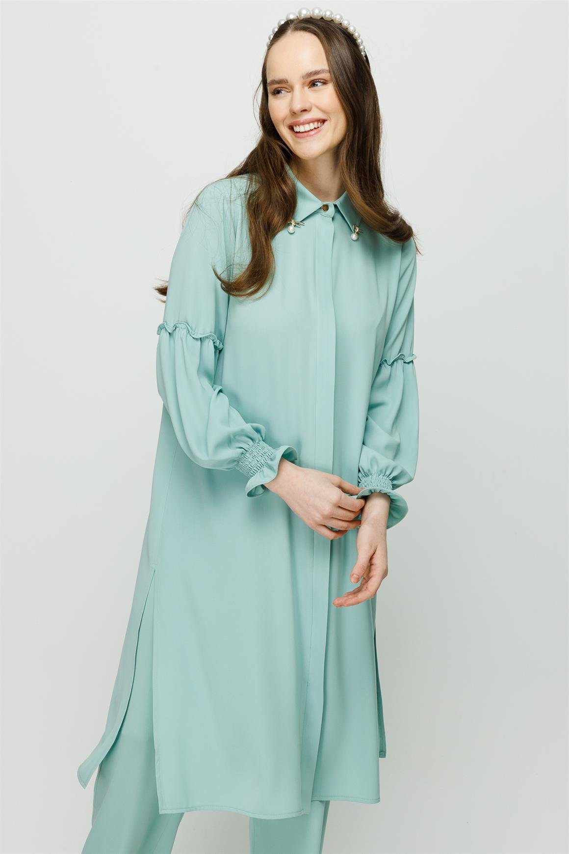 İnci Detaylı Kolları Büzdürme Detaylı Pantolon Tunik Takım  Mint