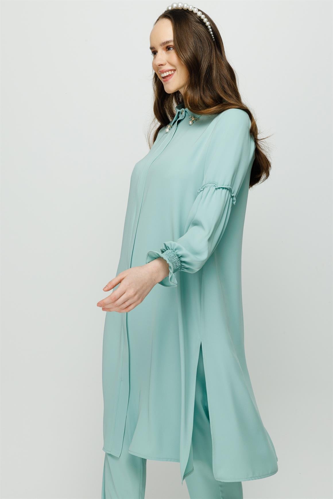 İnci Detaylı Kolları Büzdürme Detaylı Pantolon Tunik Takım  Mint