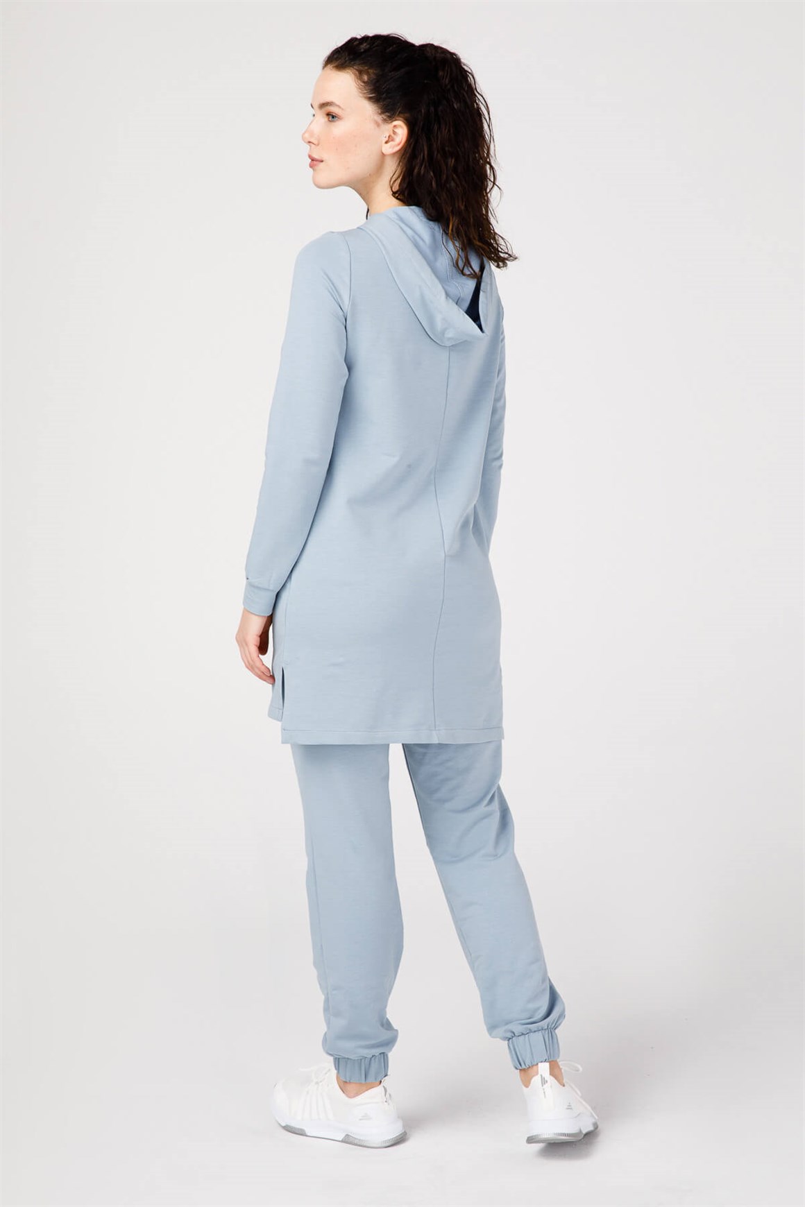 Kanguru Cep Üzeri Taşlı Tunik Paça Lastikli Pantolunlu Takım  Mavi