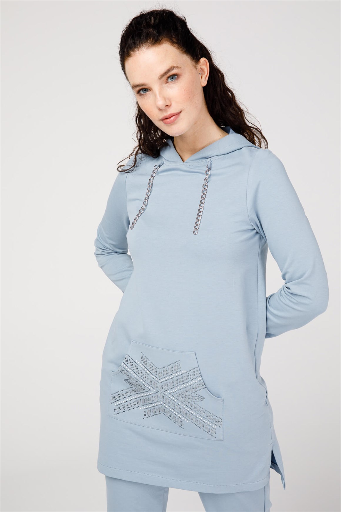 Kanguru Cep Üzeri Taşlı Tunik Paça Lastikli Pantolunlu Takım  Mavi