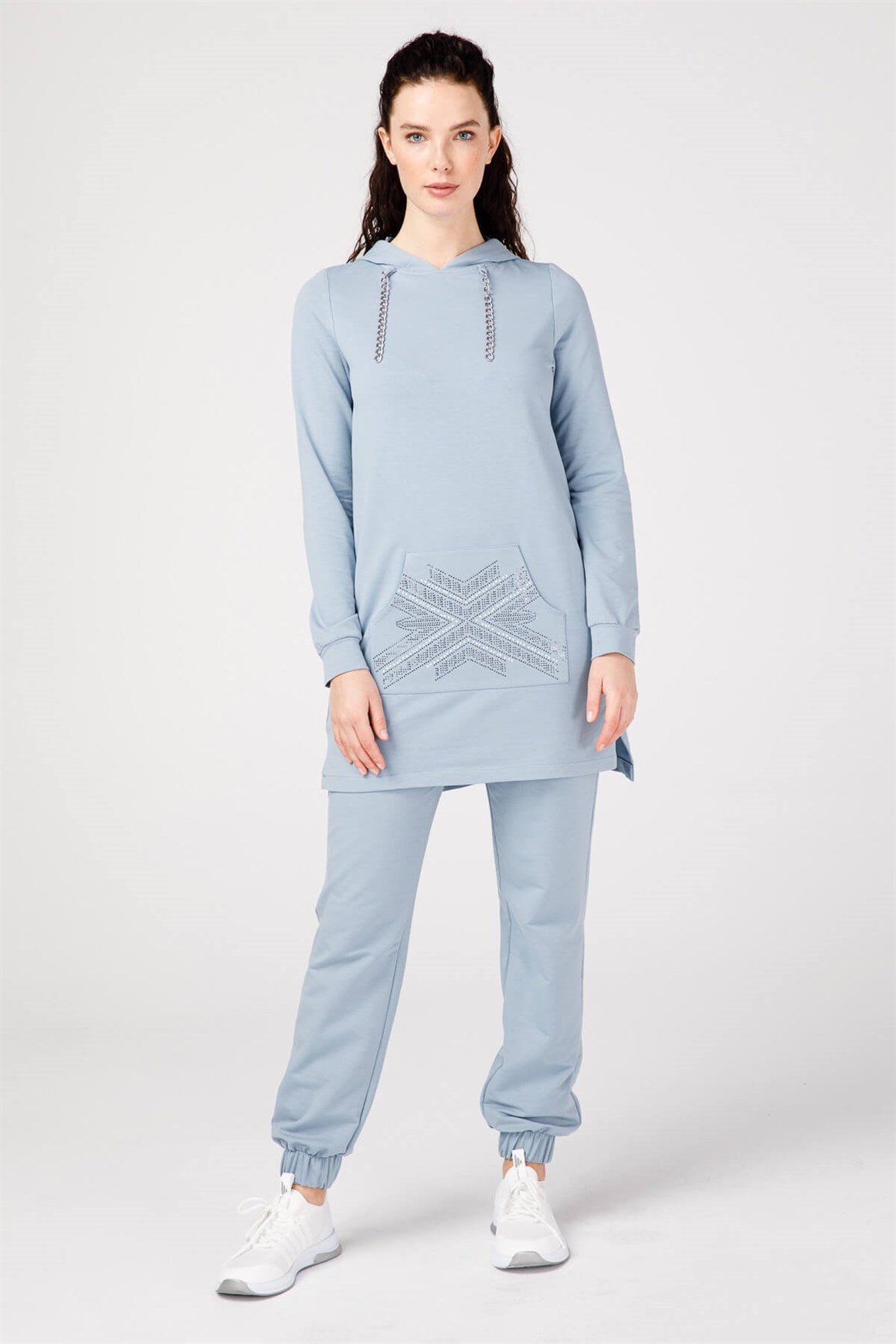 Kanguru Cep Üzeri Taşlı Tunik Paça Lastikli Pantolunlu Takım  Mavi