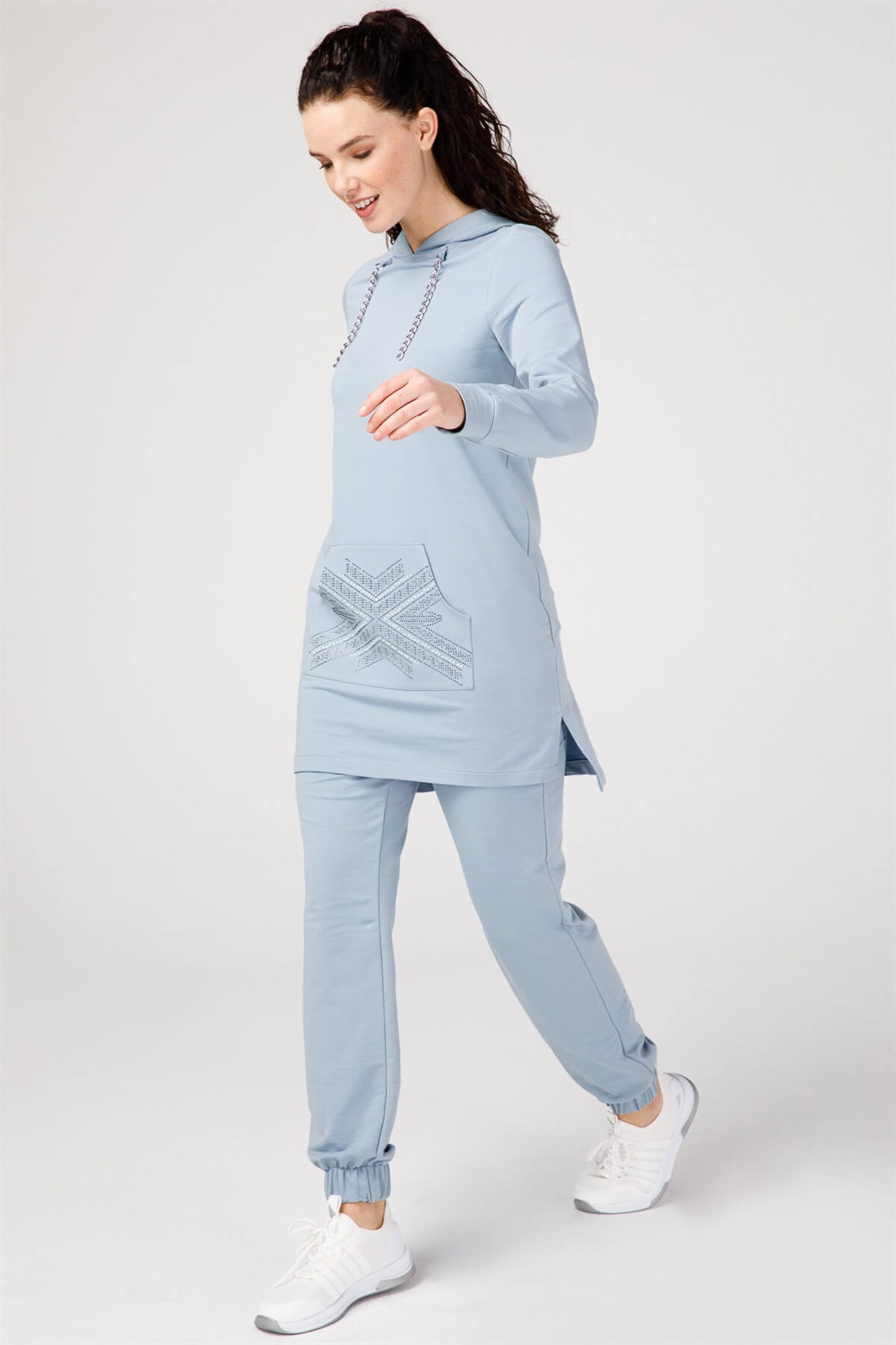 Kanguru Cep Üzeri Taşlı Tunik Paça Lastikli Pantolunlu Takım  Mavi
