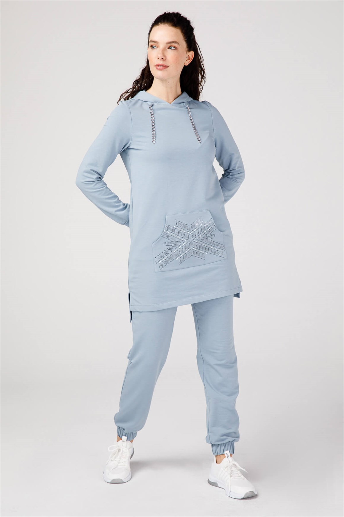 Kanguru Cep Üzeri Taşlı Tunik Paça Lastikli Pantolunlu Takım  Mavi