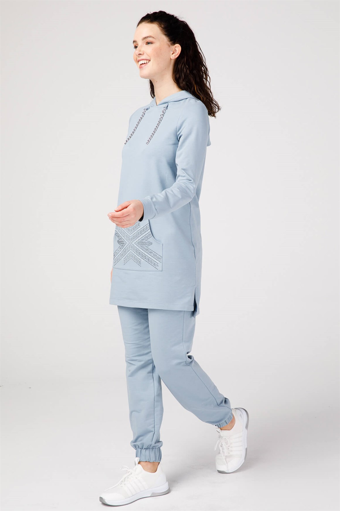 Kanguru Cep Üzeri Taşlı Tunik Paça Lastikli Pantolunlu Takım  Mavi
