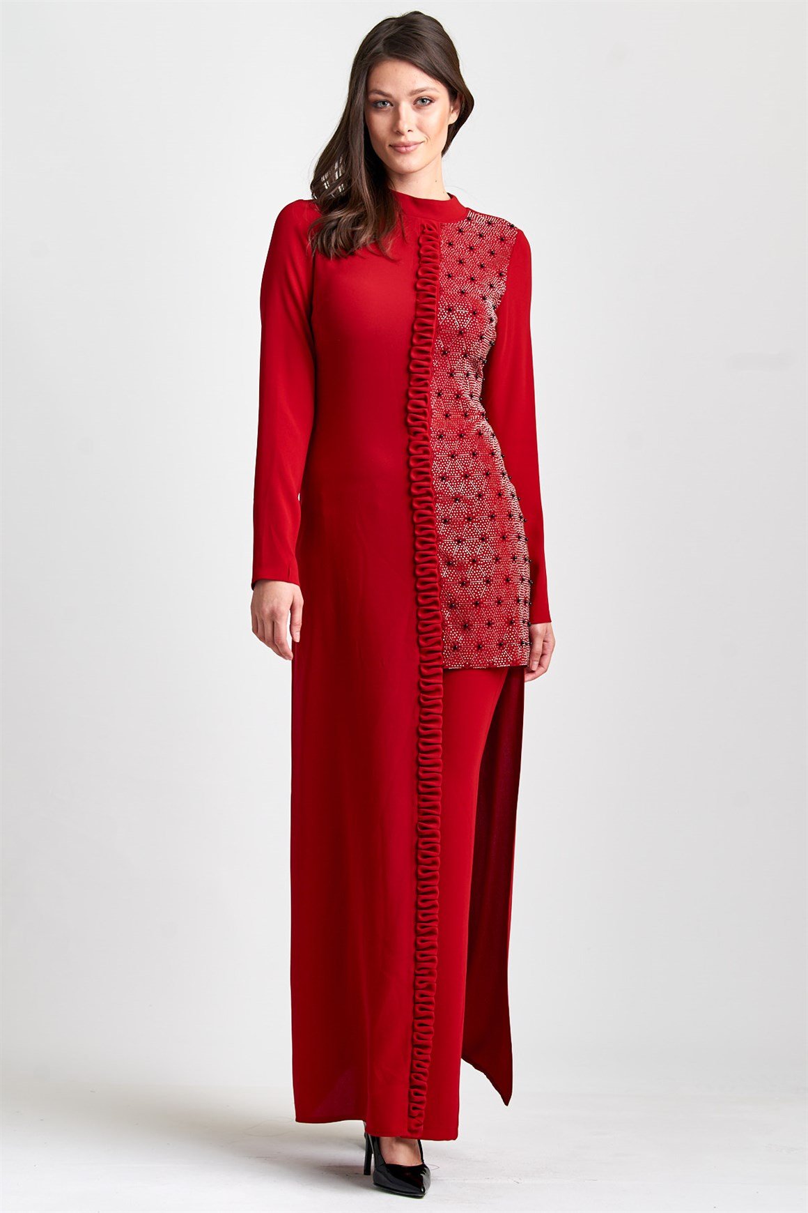 Kırmızı Asimetrik, Sol Beden Taşlı Hakim Yakalı Elbise
