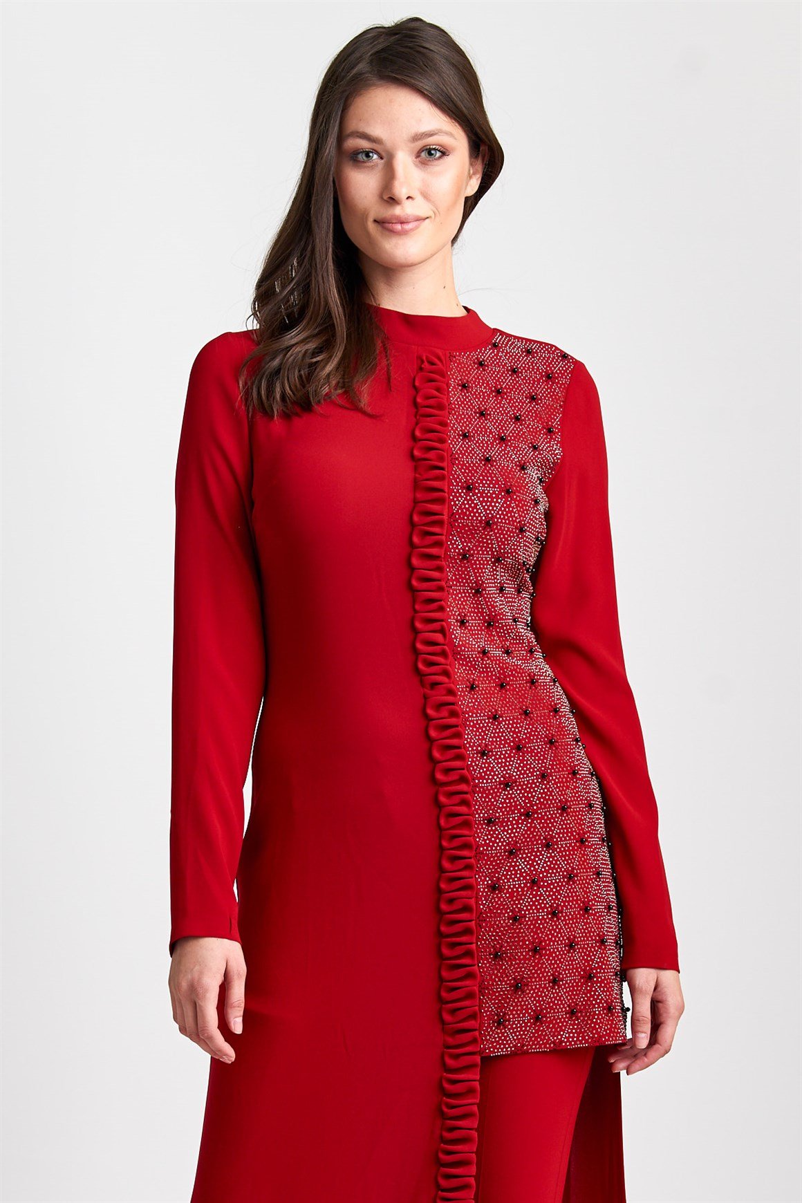 Kırmızı Asimetrik, Sol Beden Taşlı Hakim Yakalı Elbise