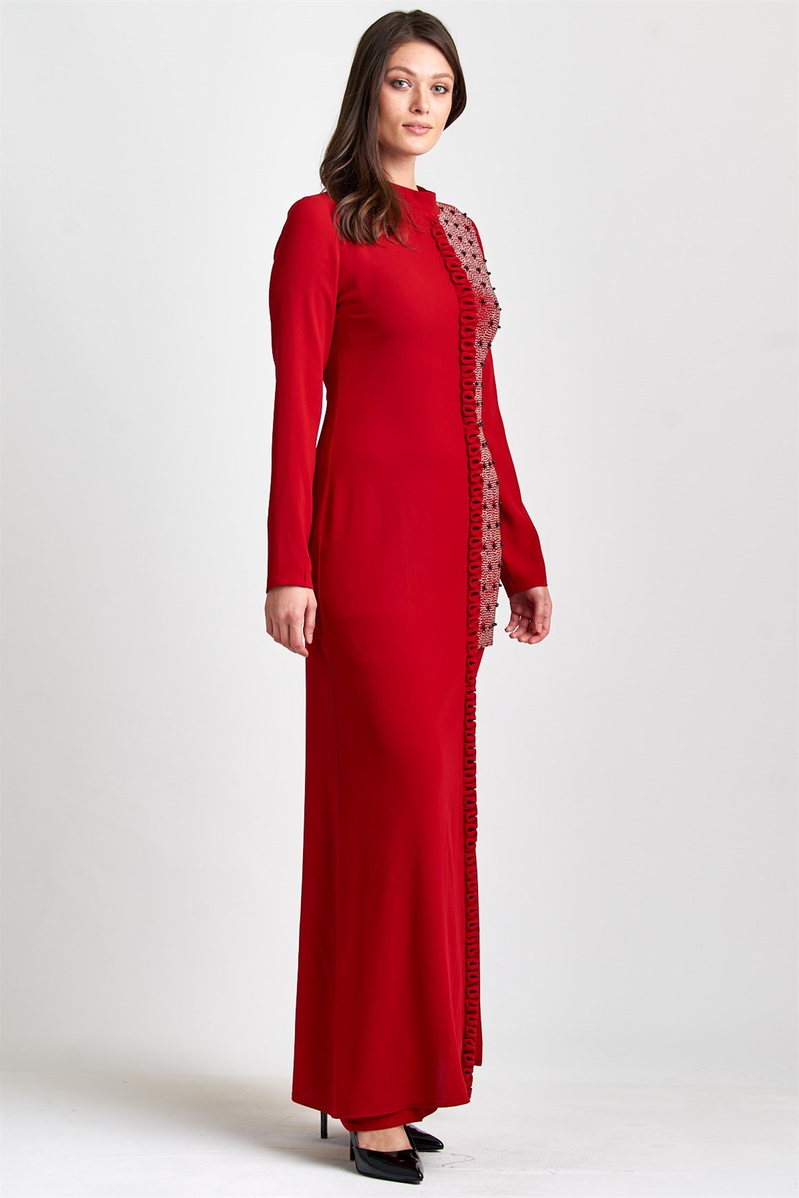 Kırmızı Asimetrik, Sol Beden Taşlı Hakim Yakalı Elbise