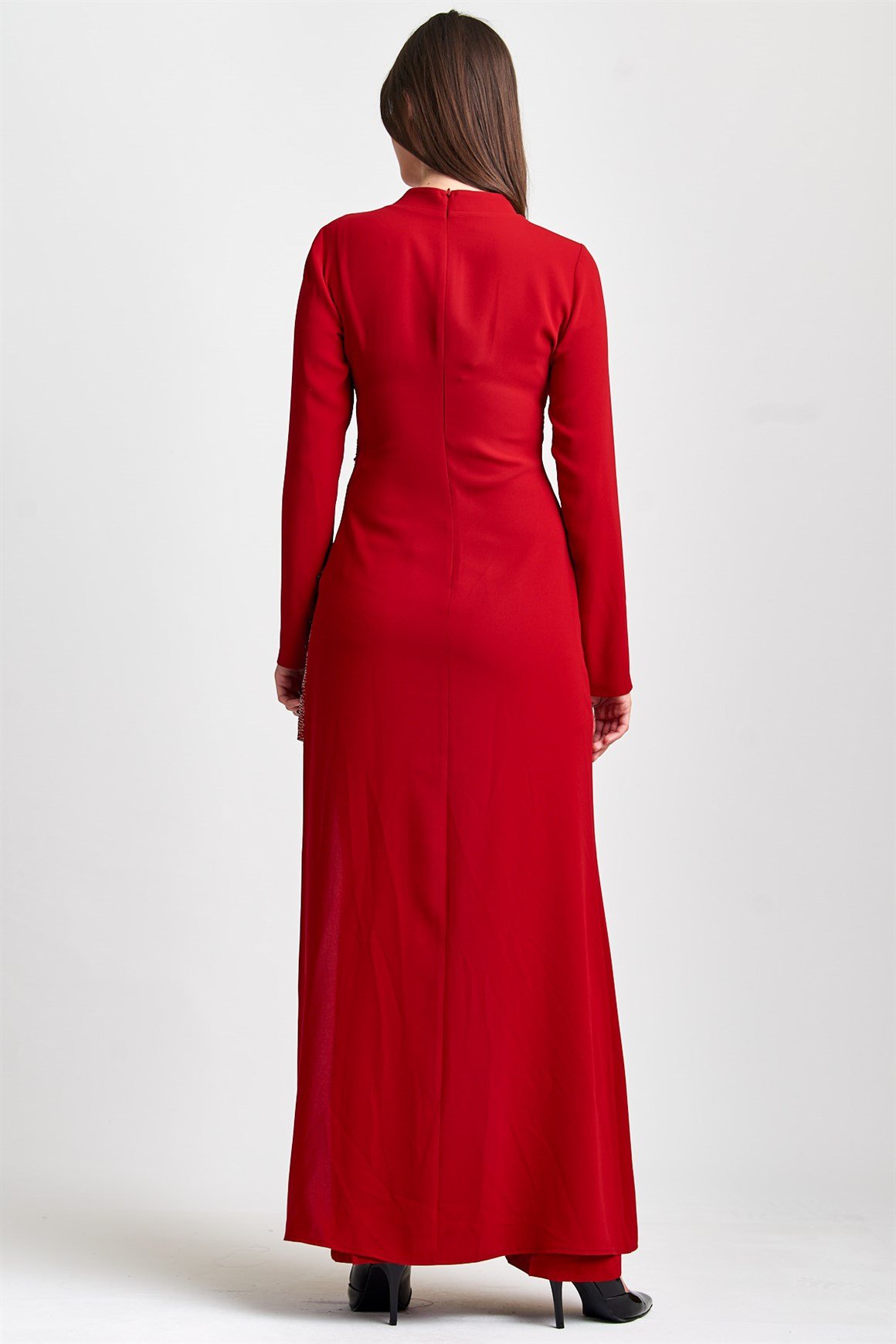 Kırmızı Asimetrik, Sol Beden Taşlı Hakim Yakalı Elbise