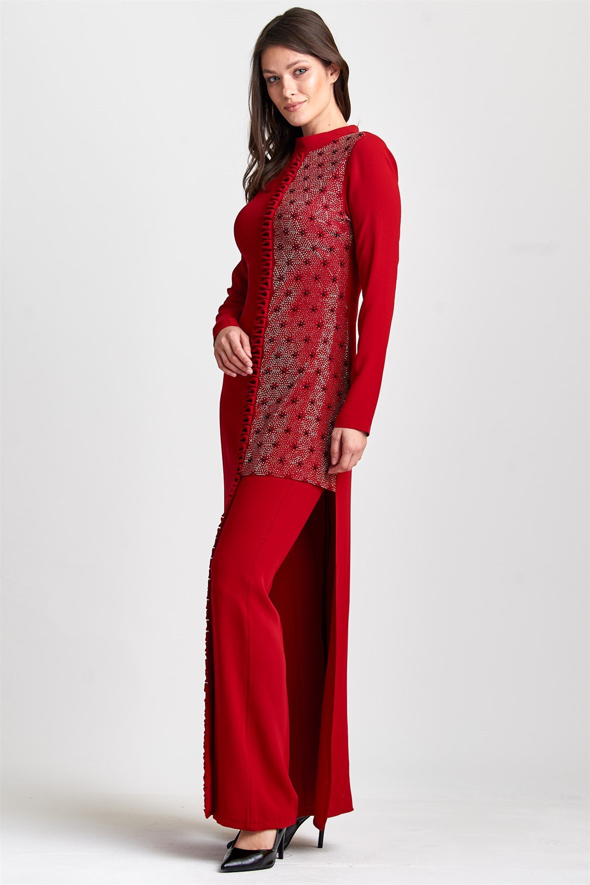 Kırmızı Asimetrik, Sol Beden Taşlı Hakim Yakalı Elbise