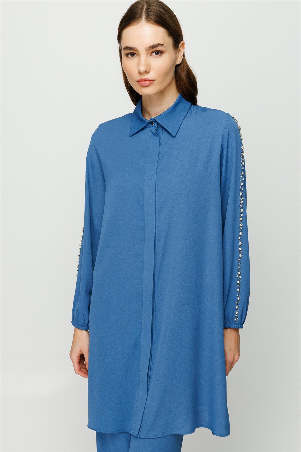 Stone Embroidered Trousers Tunic Set - indigo