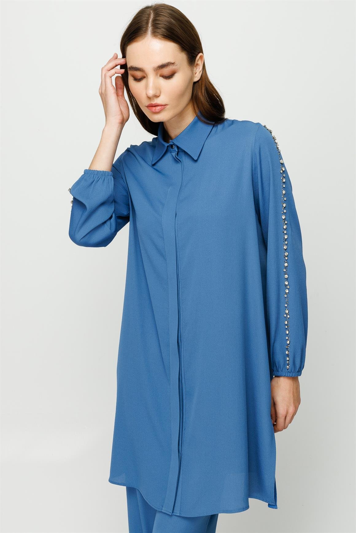 Stone Embroidered Trousers Tunic Set - indigo