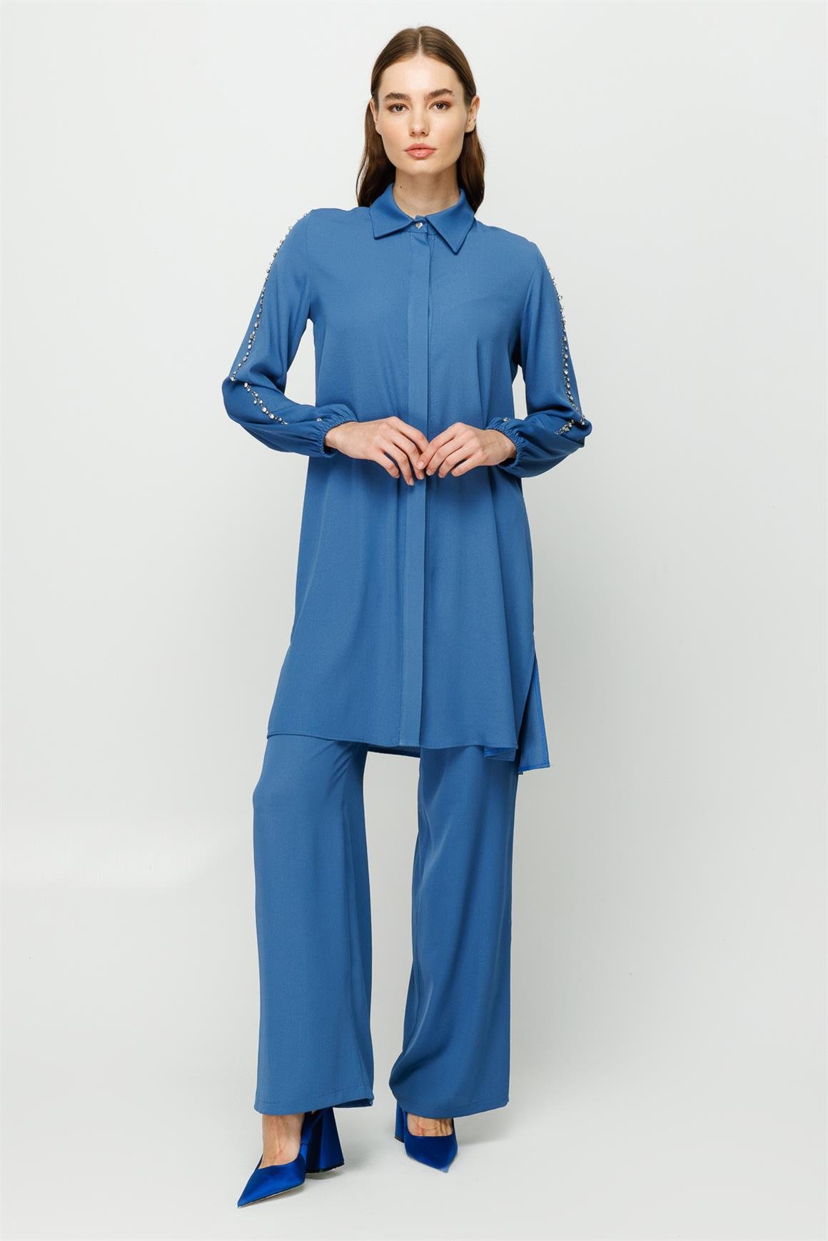 Stone Embroidered Trousers Tunic Set - indigo