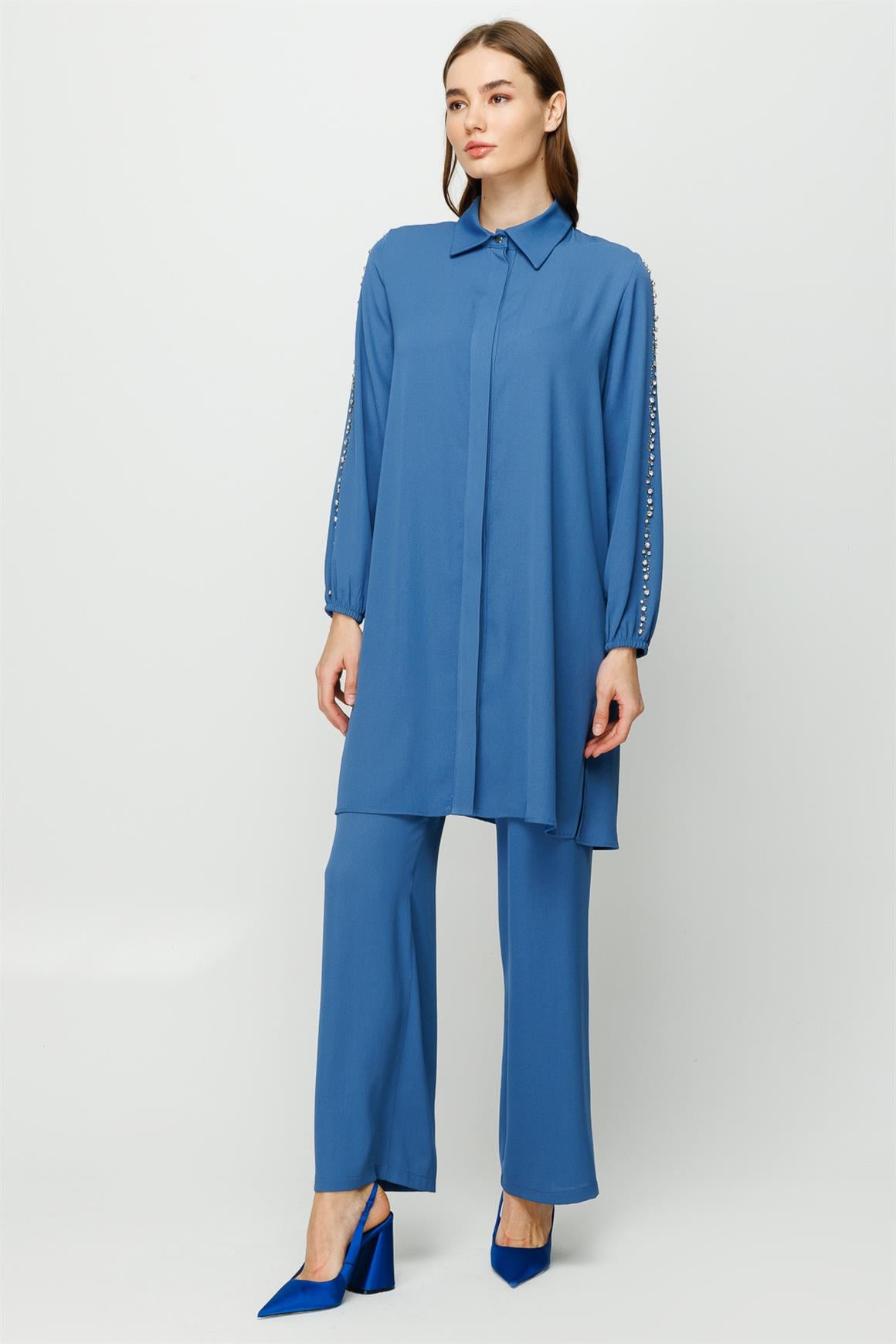 Stone Embroidered Trousers Tunic Set - indigo