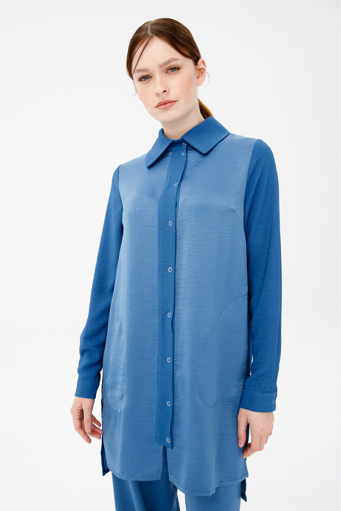 Önü Çıt Çıtlı Cep Detaylı Tunik Pantolonlu takım  İndigo