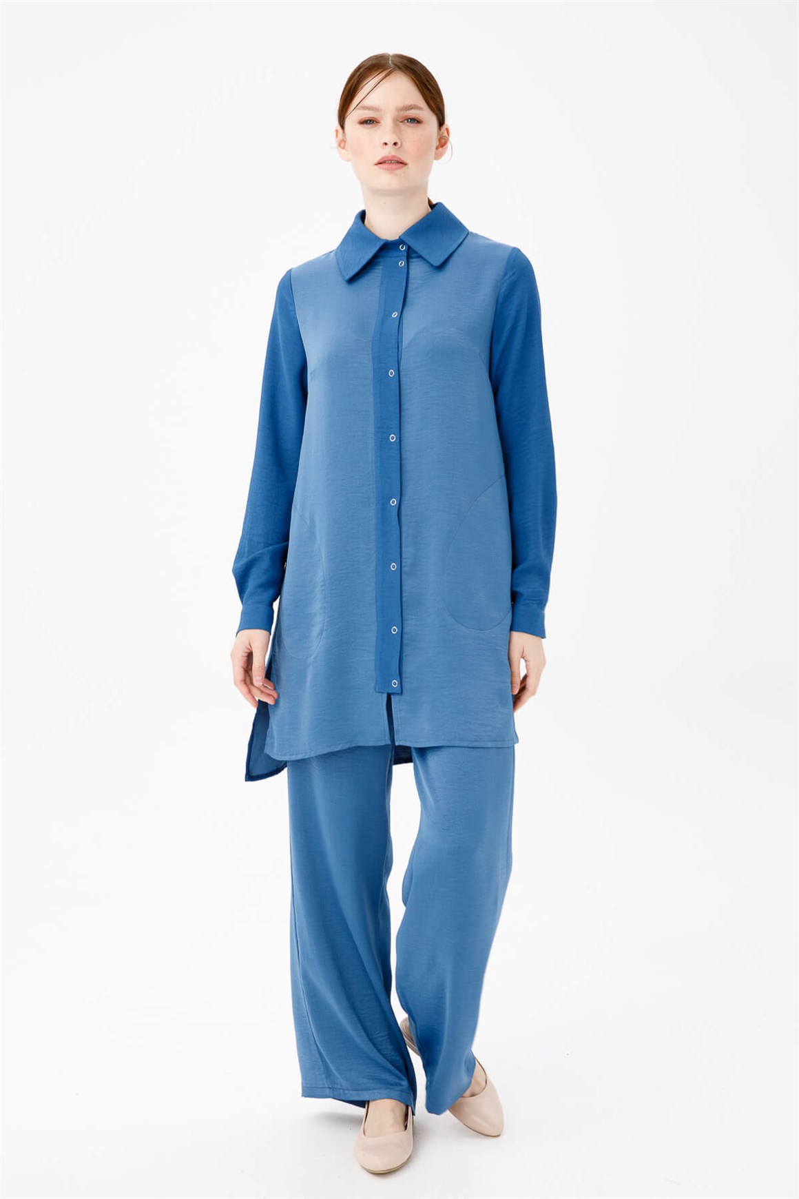 Önü Çıt Çıtlı Cep Detaylı Tunik Pantolonlu takım  İndigo