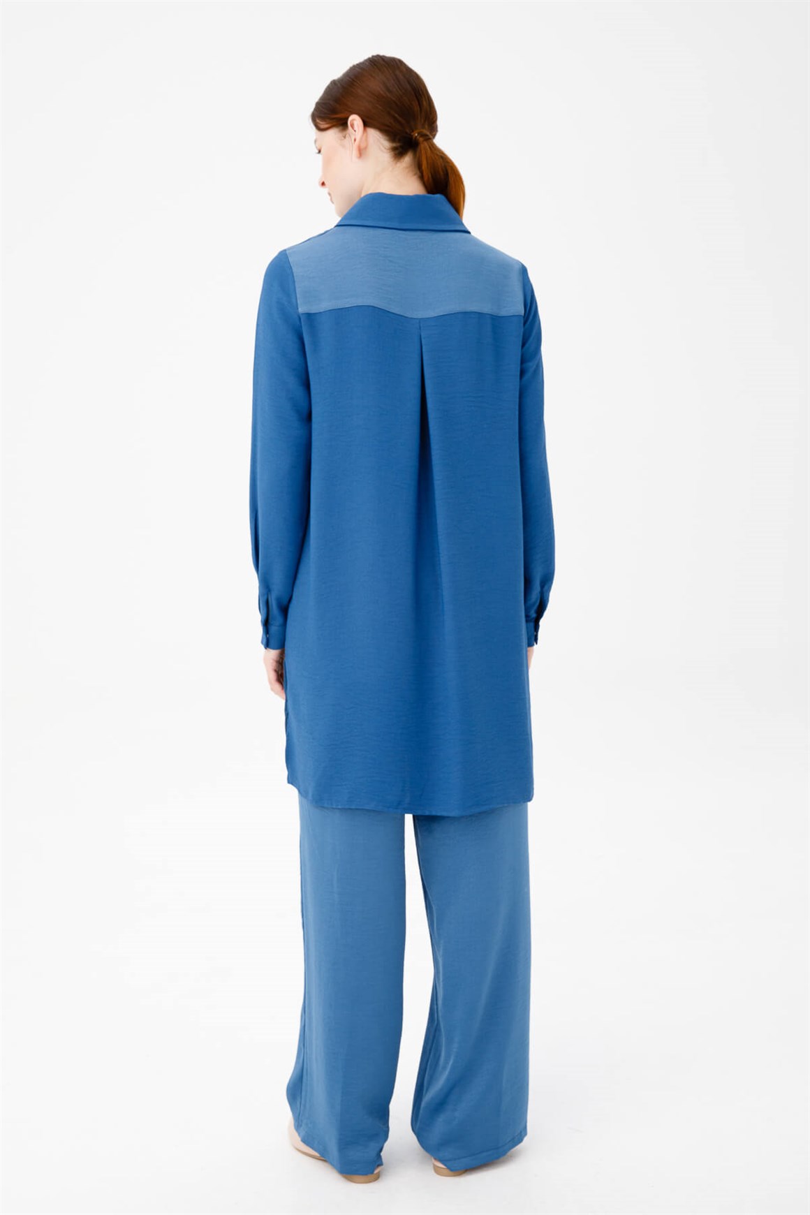 Önü Çıt Çıtlı Cep Detaylı Tunik Pantolonlu takım  İndigo