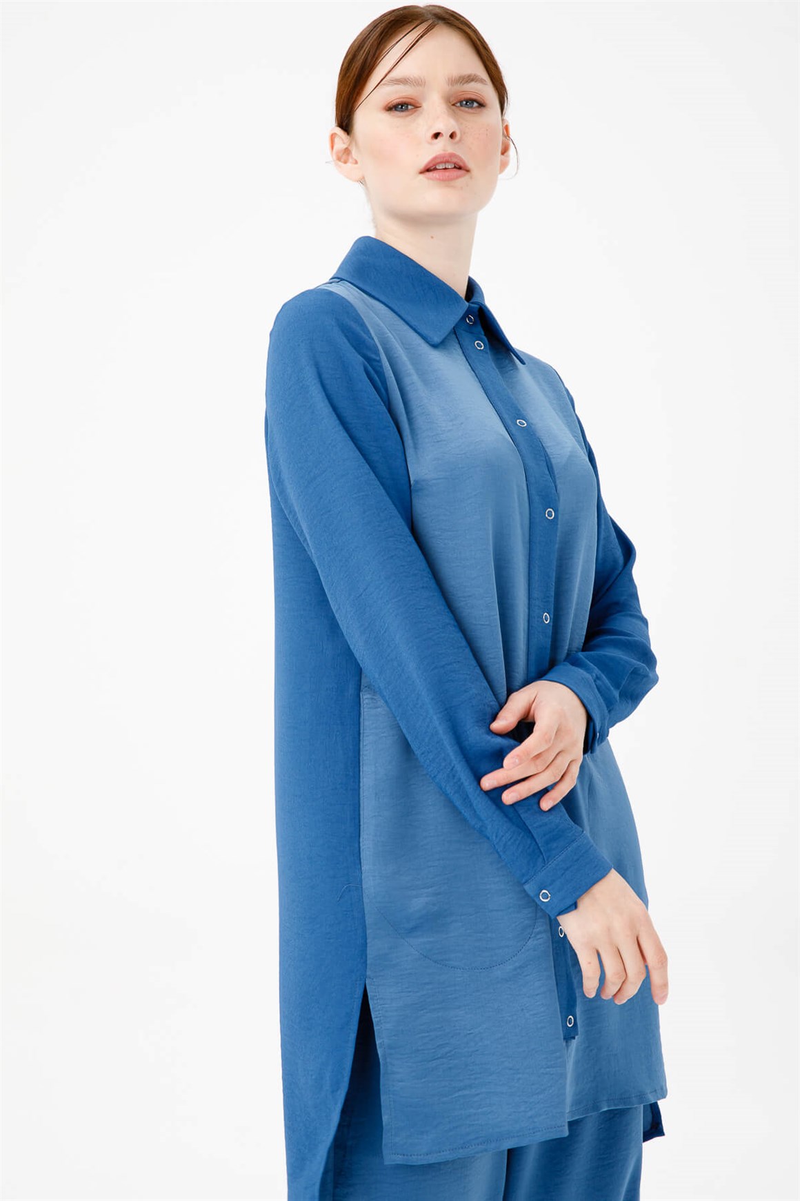 Önü Çıt Çıtlı Cep Detaylı Tunik Pantolonlu takım  İndigo