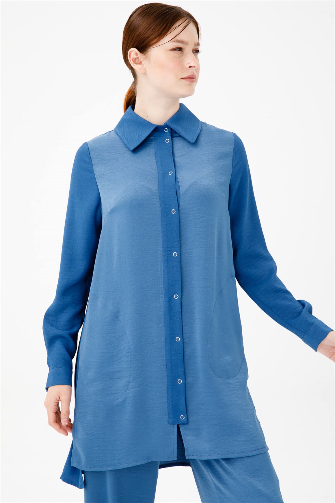 Önü Çıt Çıtlı Cep Detaylı Tunik Pantolonlu takım  İndigo