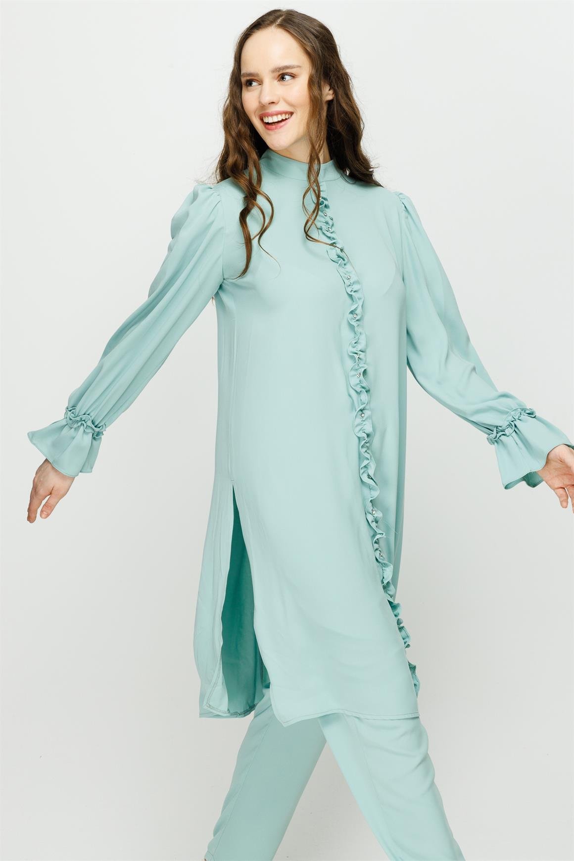 Önü ve Koları Büzdürme Detaylı Pantolon Tunik Takım  Mint