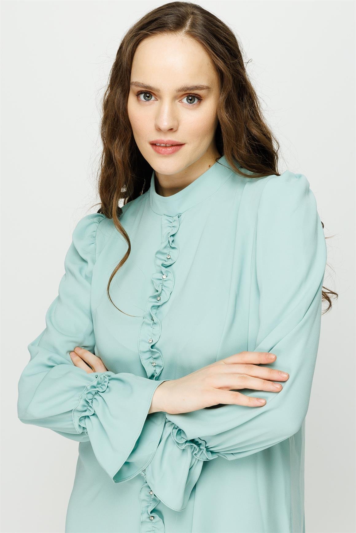 Önü ve Koları Büzdürme Detaylı Pantolon Tunik Takım  Mint