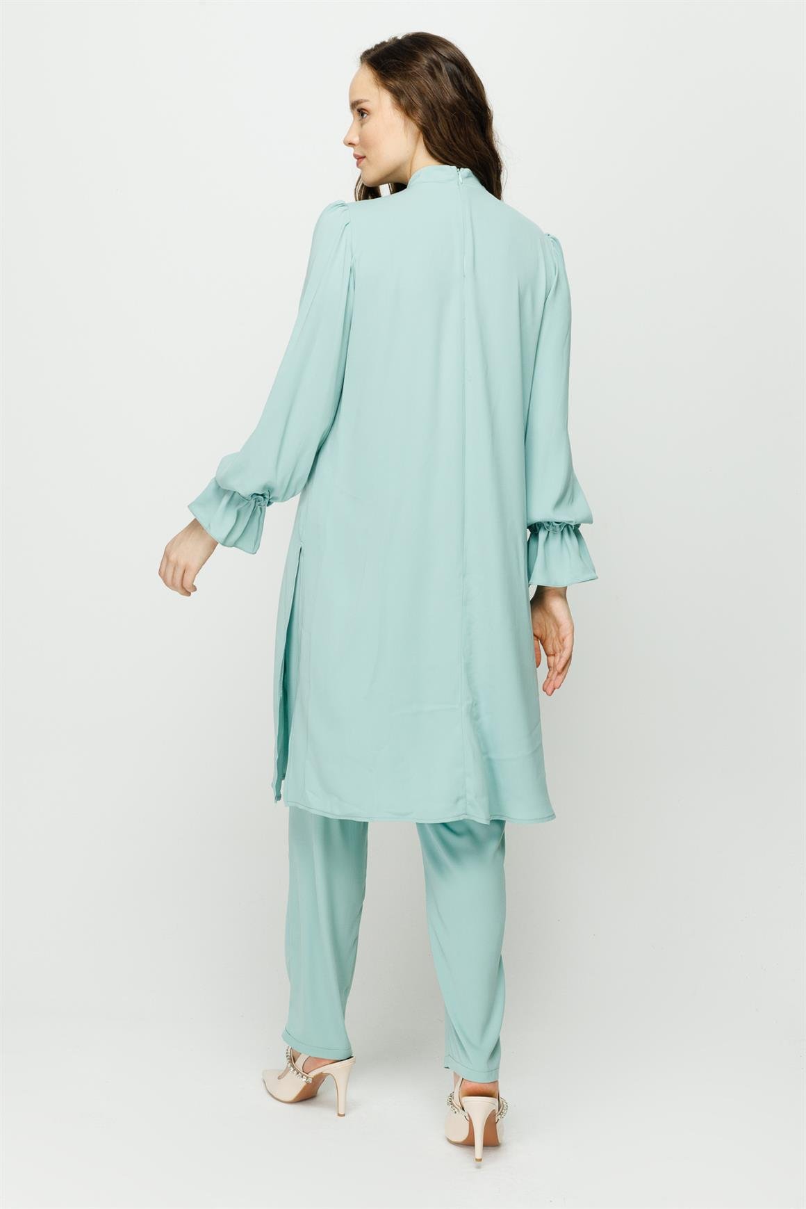 Önü ve Koları Büzdürme Detaylı Pantolon Tunik Takım  Mint