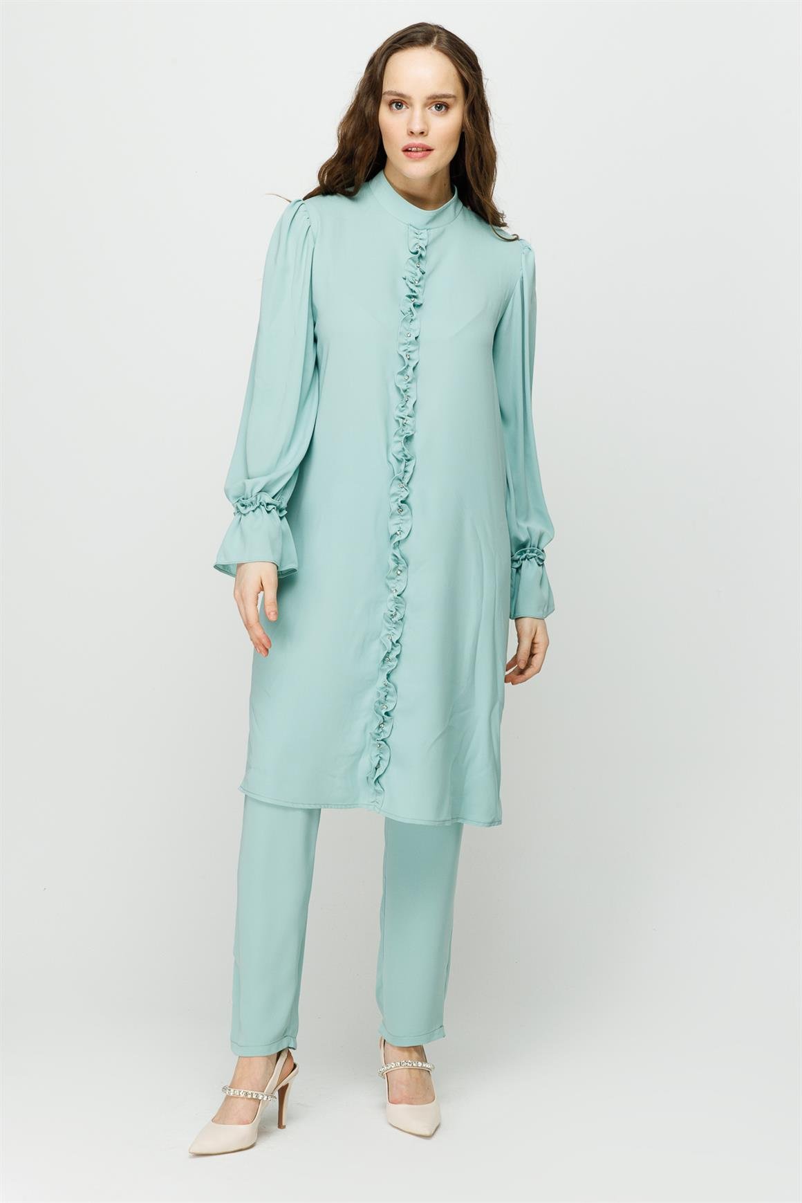 Önü ve Koları Büzdürme Detaylı Pantolon Tunik Takım  Mint