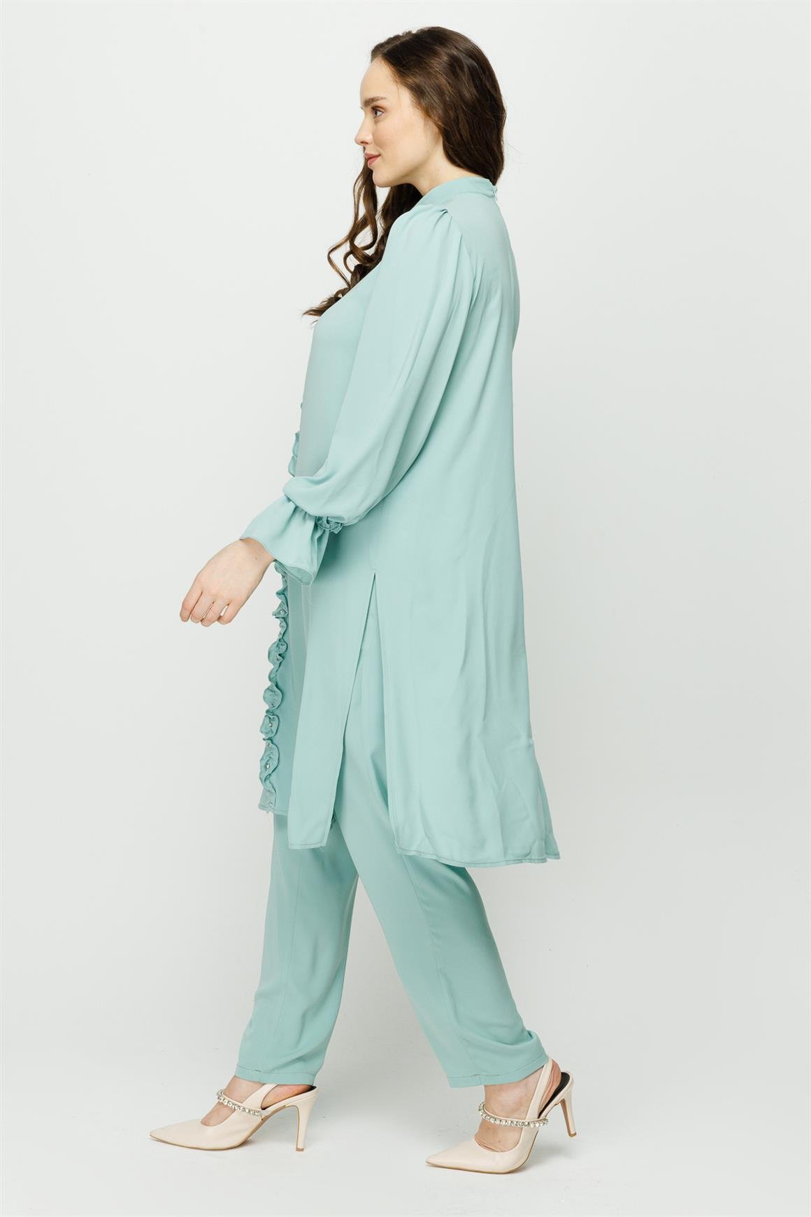 Önü ve Koları Büzdürme Detaylı Pantolon Tunik Takım  Mint