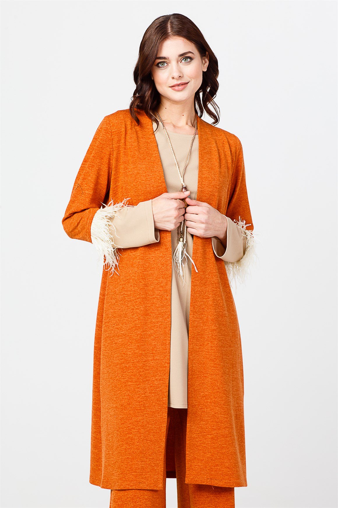 Oranj - 3'lü Kolları Tüylü Pantolonlu Takım