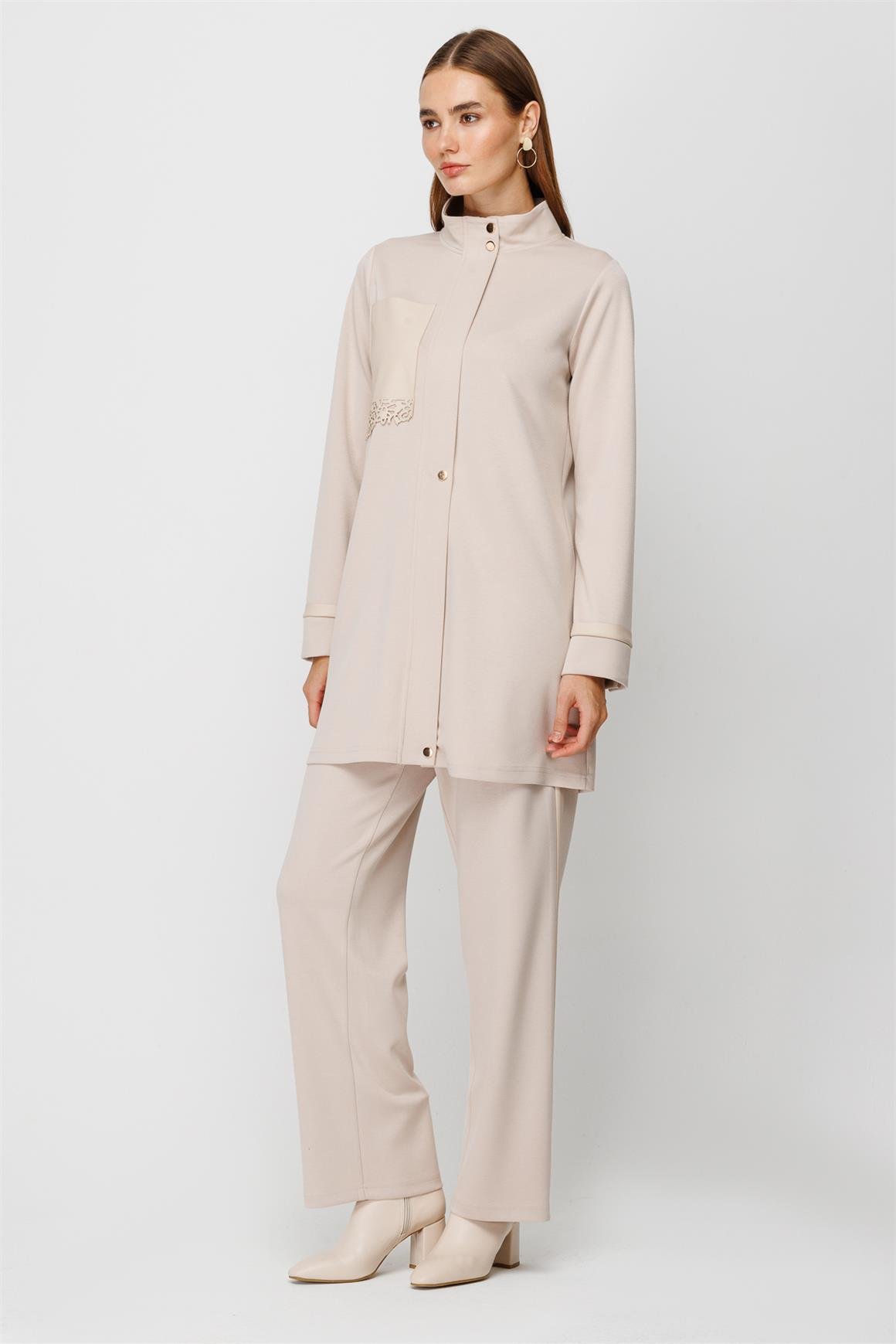 Oysh Kumaş Deri Detaylı Pantolon Giy Çık Takım  Taş