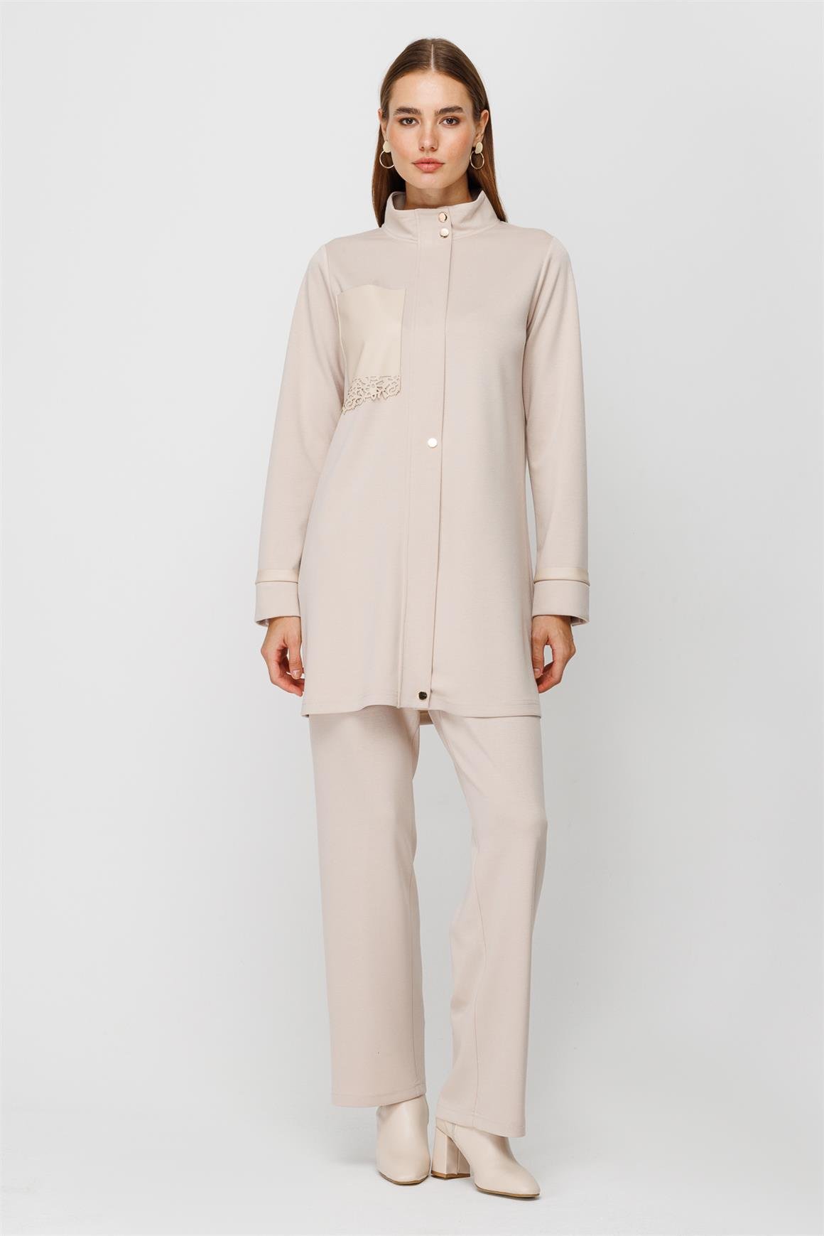 Oysh Kumaş Deri Detaylı Pantolon Giy Çık Takım  Taş