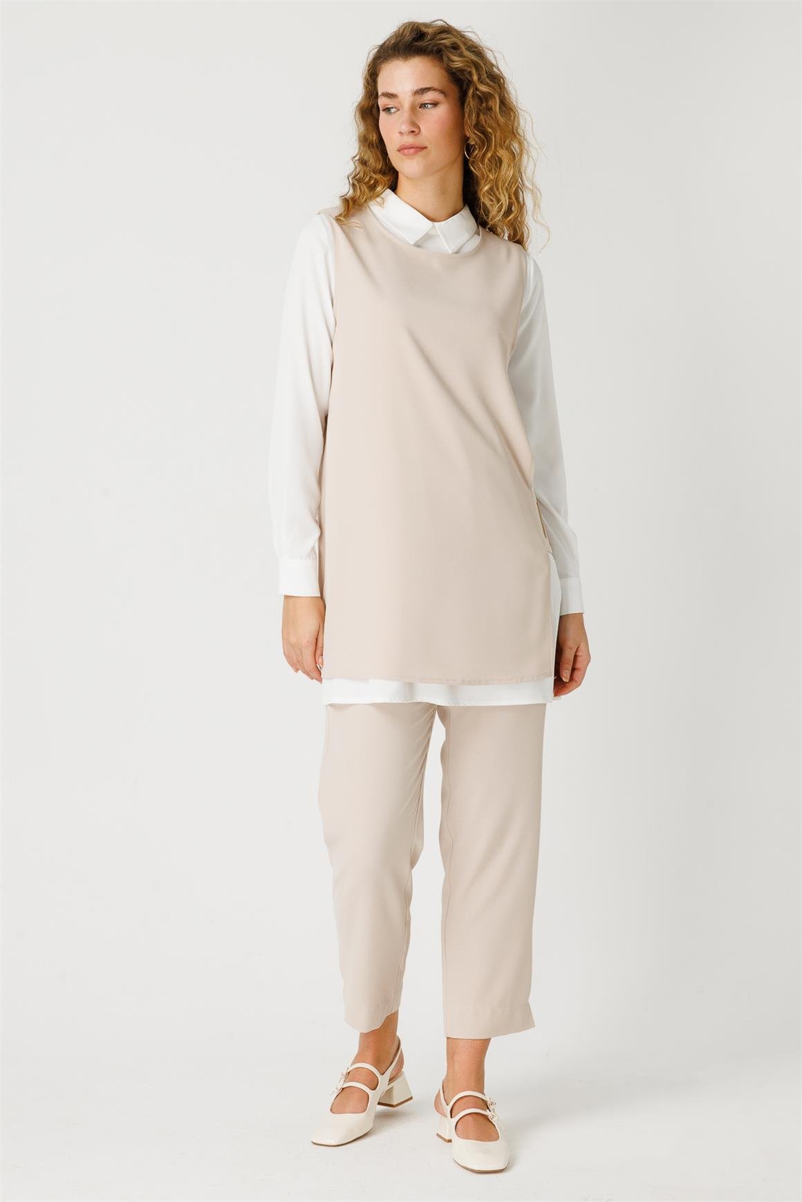 Pencere Detaylı Süeter Tunik Pantolon Takım  Taş