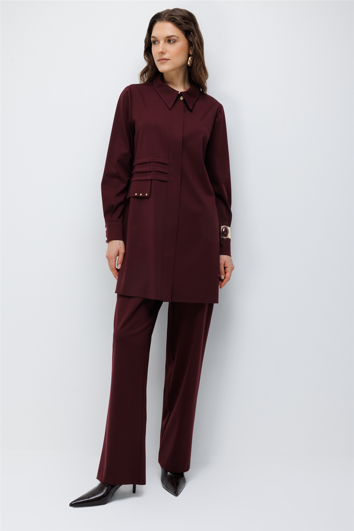 Pili Detaylı Pantolonlu Takım  Bordo