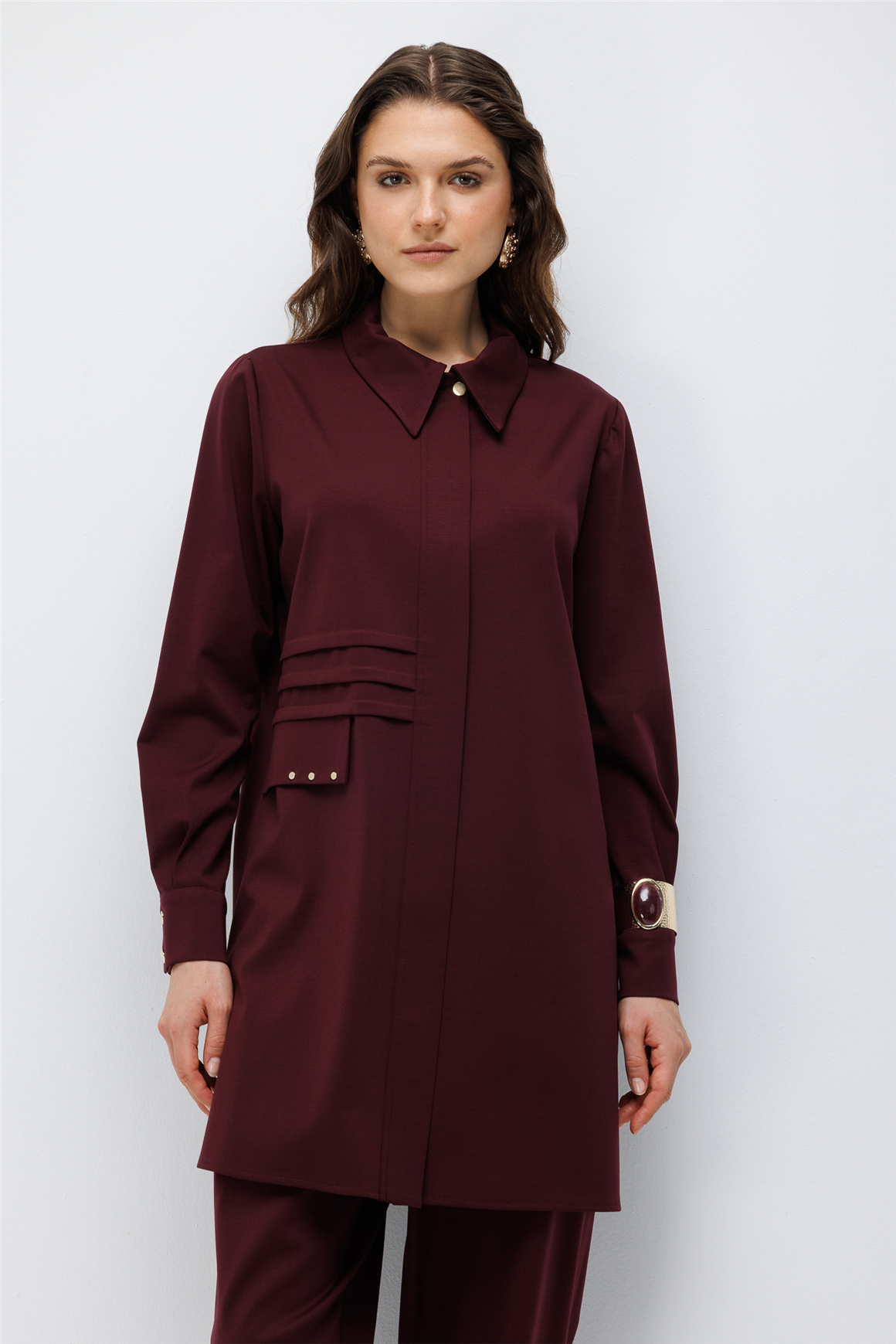 Pili Detaylı Pantolonlu Takım  Bordo