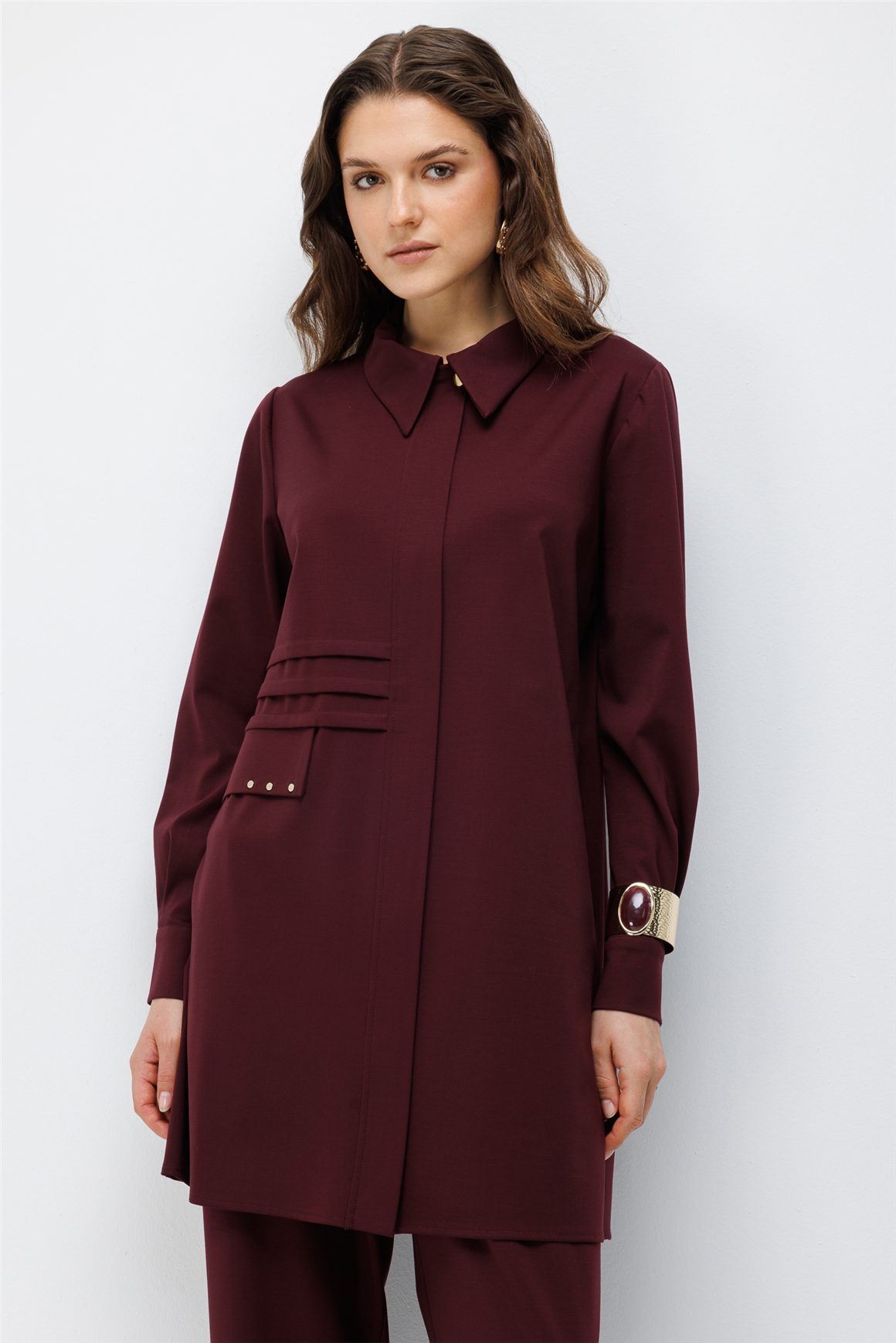 Pili Detaylı Pantolonlu Takım  Bordo
