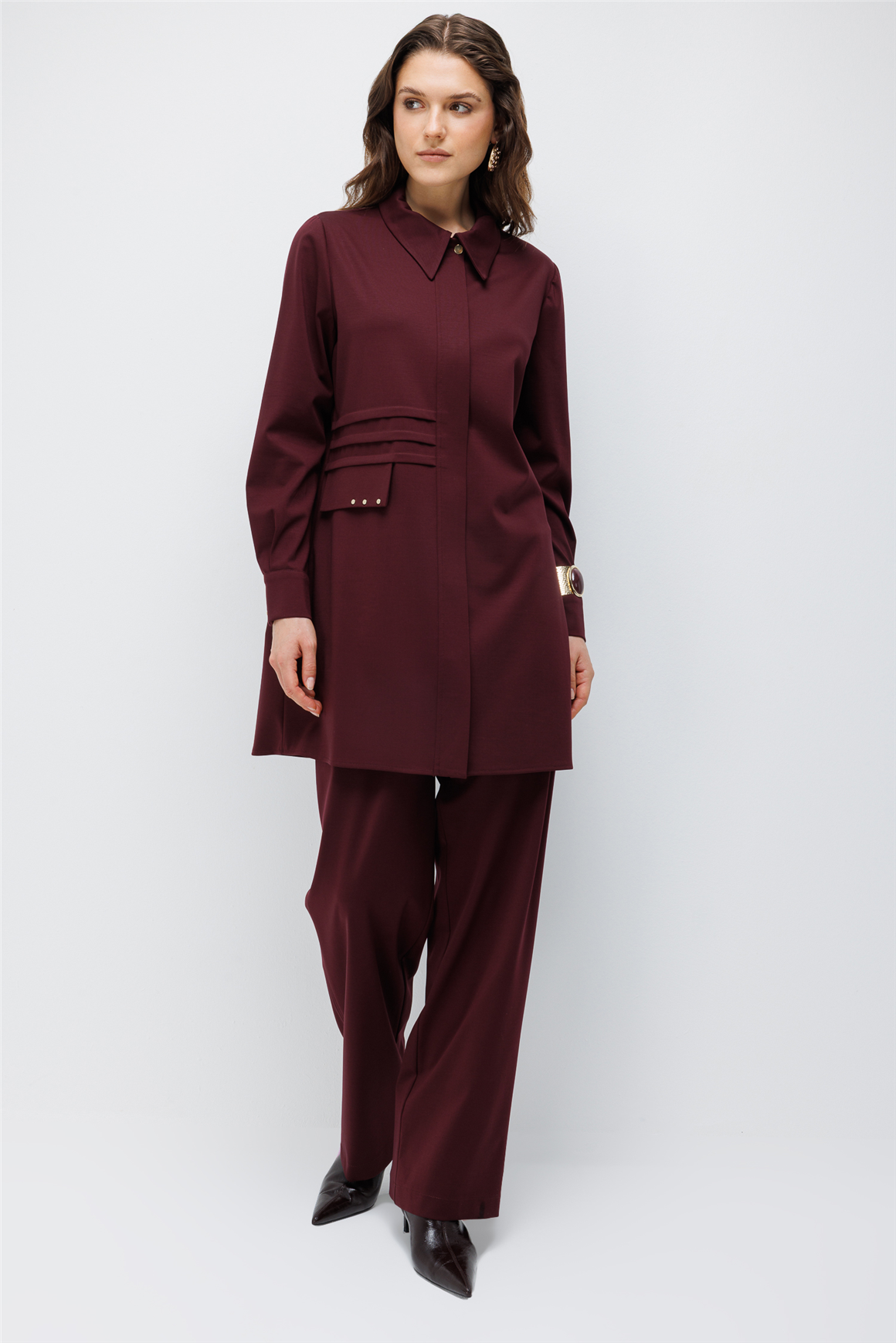 Pili Detaylı Pantolonlu Takım  Bordo