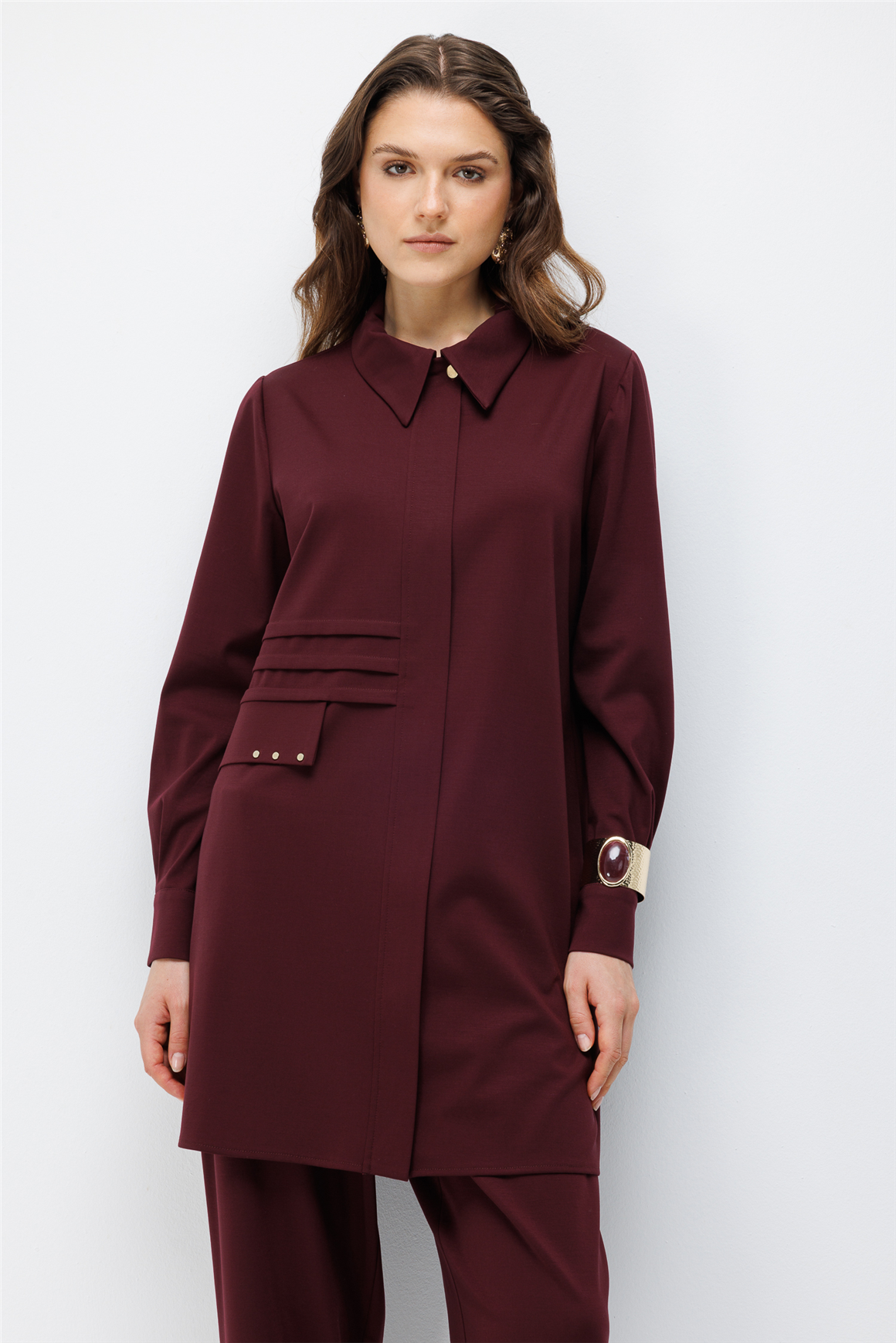 Pili Detaylı Pantolonlu Takım  Bordo
