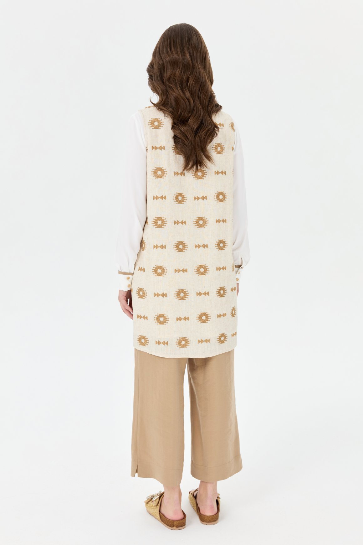 Retro Desenli Pantolonlu Takım  Bej