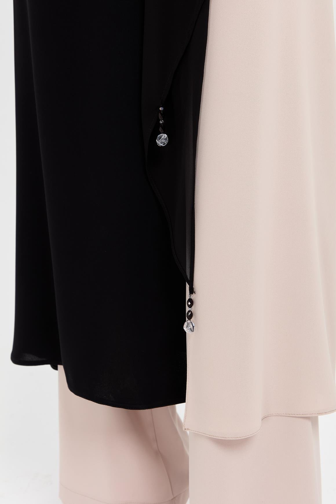 Şal Detaylı Önü Yırtmaçlı Pilise Kollu Pantolonlu Takım  Taş