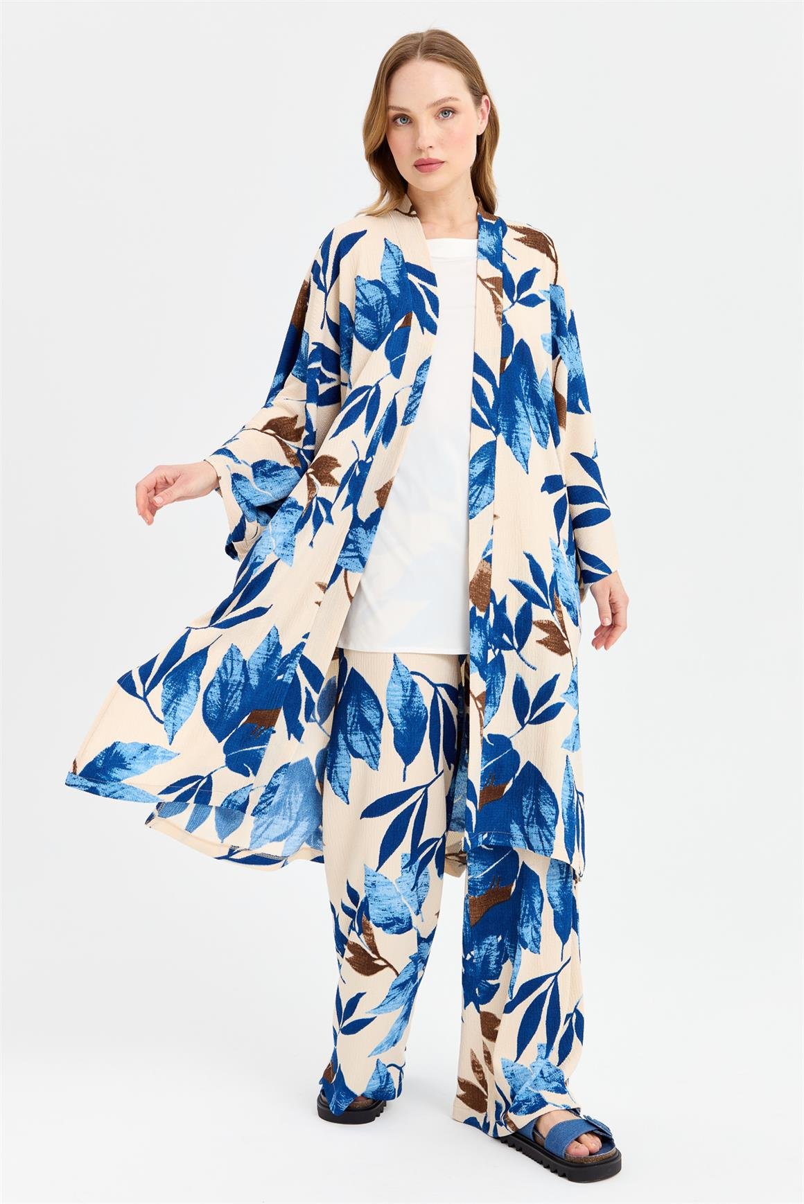 Sarmaşık Desen Baskılı Kimono Takım  Mavi