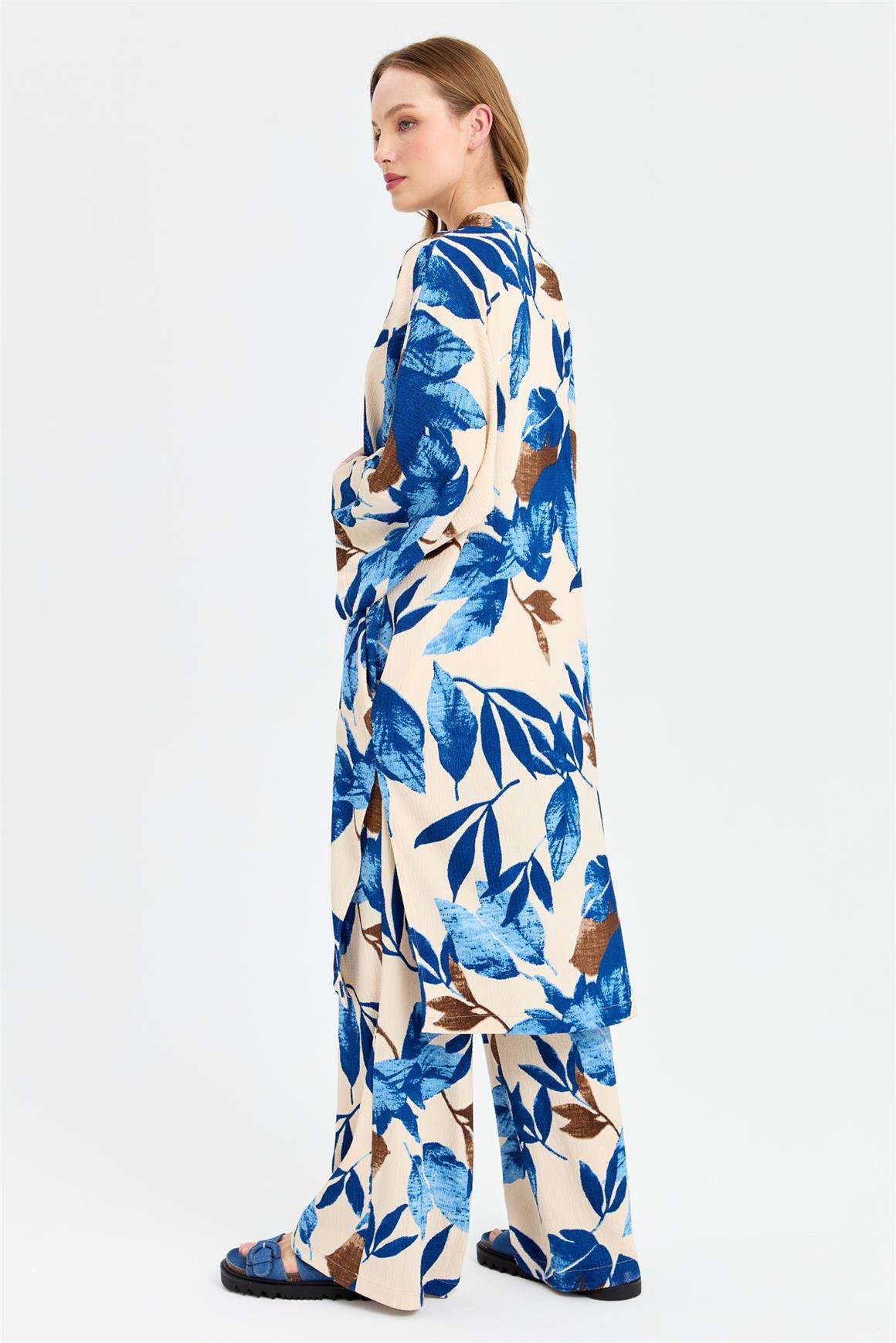 Sarmaşık Desen Baskılı Kimono Takım  Mavi