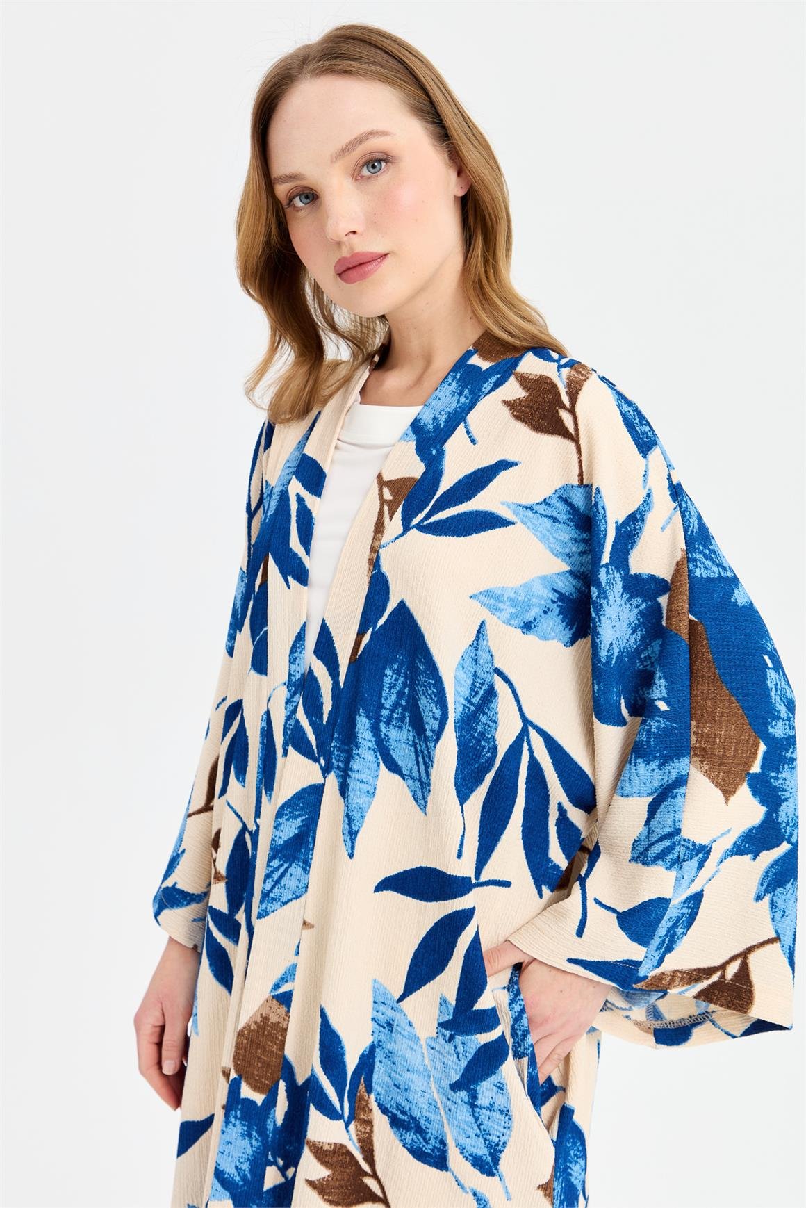 Sarmaşık Desen Baskılı Kimono Takım  Mavi