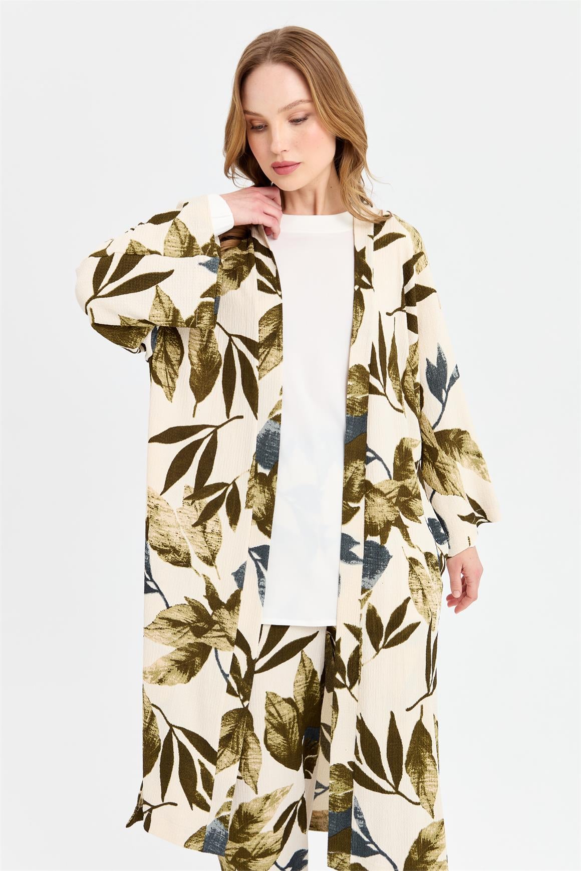 Sarmaşık Desen Baskılı Kimono Takım  Haki