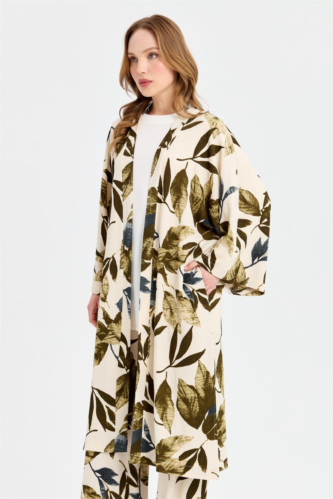 Sarmaşık Desen Baskılı Kimono Takım  Haki